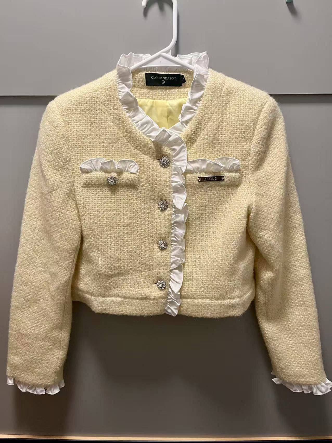 Other Cream Tweed Jacket with Ruffle Trim & Crystal Buttons Size S / US 4 / IT 40 - 1 Thumbnail