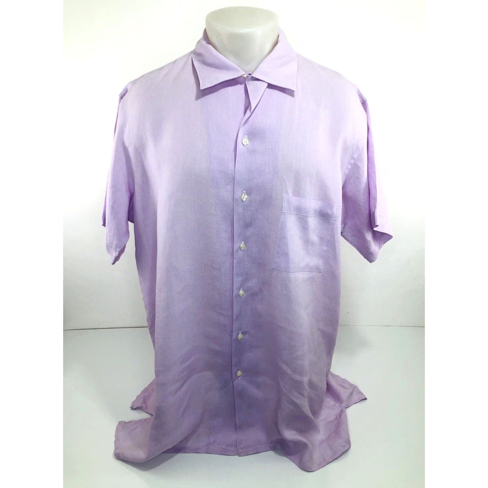 Vintage BULLock & JONES - PURE LINEN / LOOP COLLAR Mens L / XL Shirt - EXCELLENT - Pale Purple / Pink Linen Button-Up, Short Sleeve, Collared, 4G Size US L / EU 52-54 / 3 - 2 Thumbnail