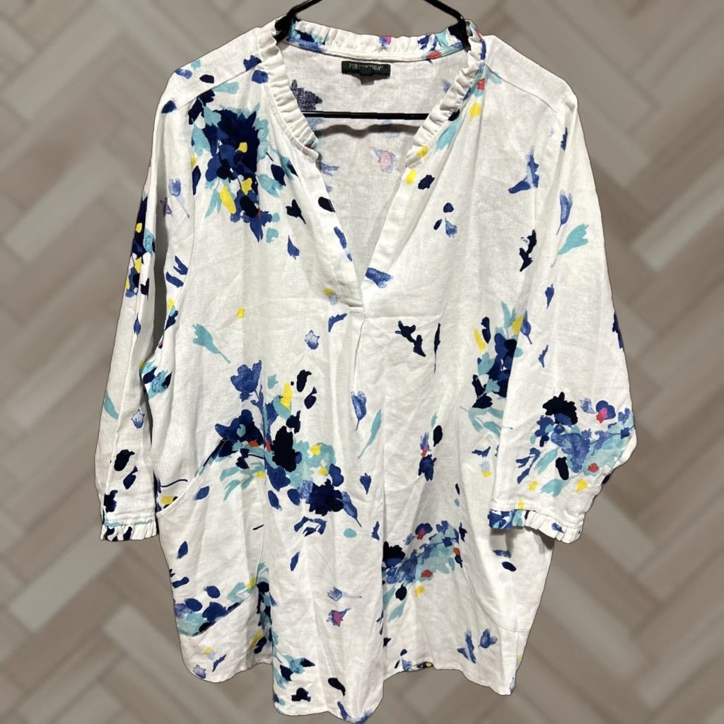 Vintage For Cynthia Blouse Women 1X Plus Size Linen Blend Floral Long Sleeve V-Neck Roll Tab Embroidered Tunic Blue 26" Pit to Pit 30" Length Size XL / US 12-14 / IT 48-50 - 1 Thumbnail