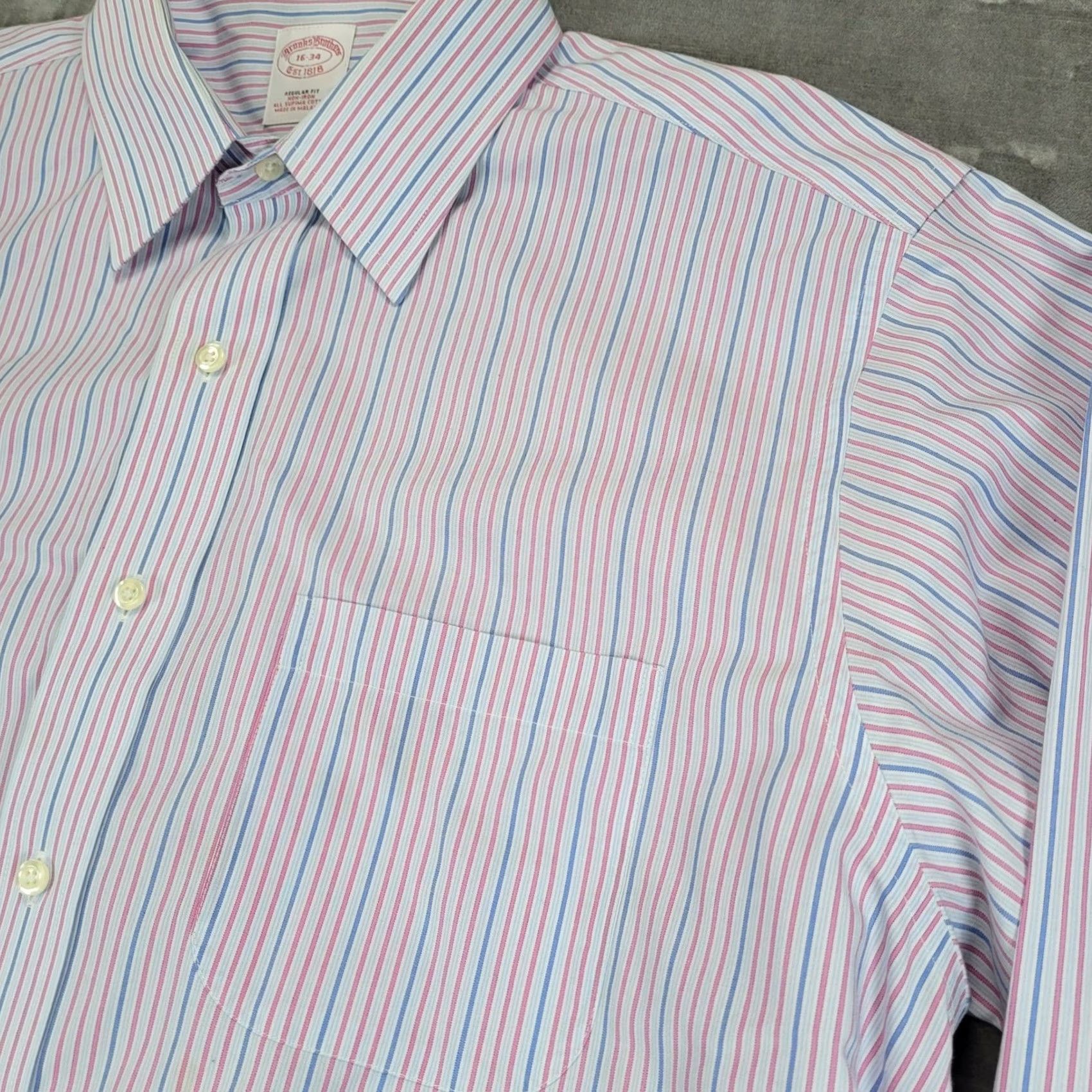 Brooks Brothers Brooks Brothers Mens Regular Fit Striped Dress Shirt Supima Cotton Pink 16 34 Size 46R - 4 Thumbnail