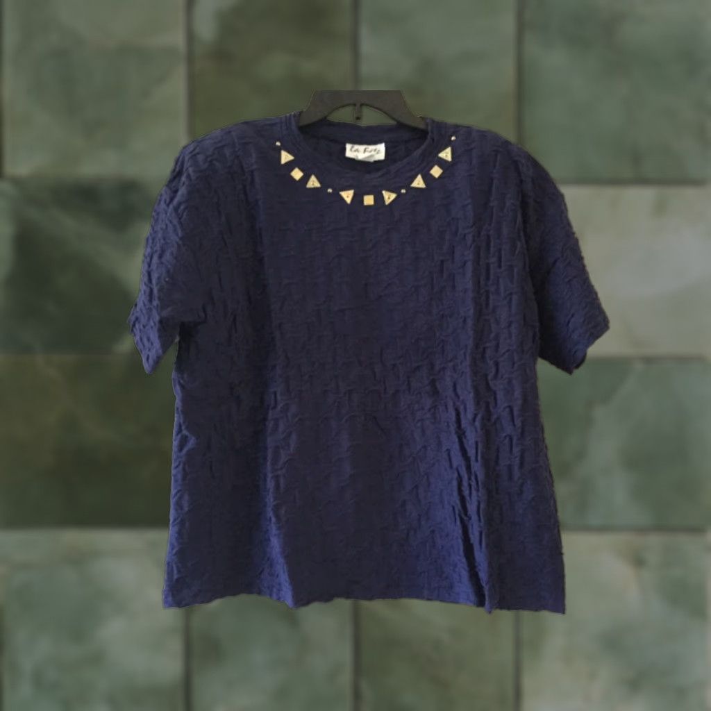 Vintage LA FETE Women's Navy Textured Top One Size Embellished Neckline Size ONE SIZE - 1 Thumbnail