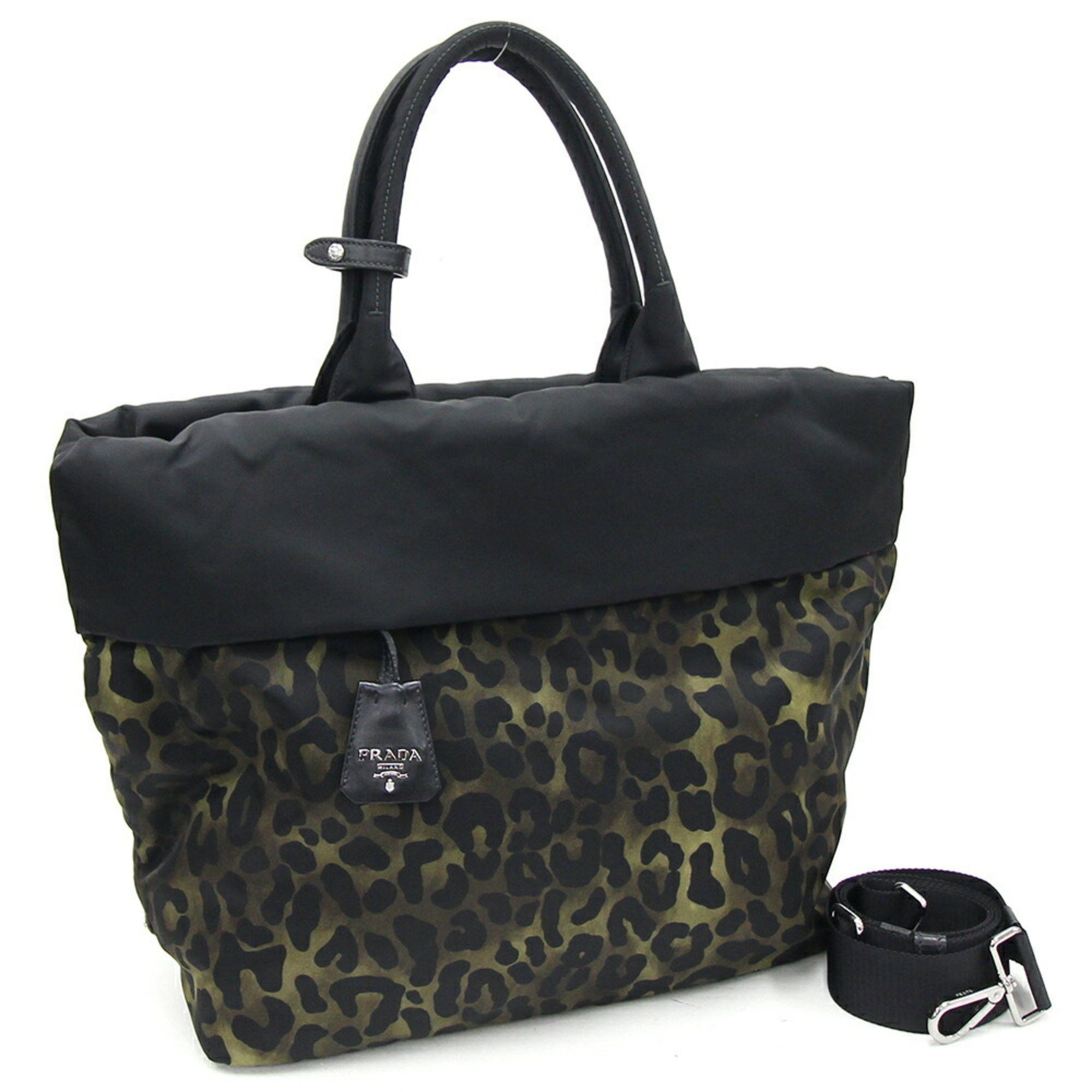 image of Prada Tote Bag B4521V Black Khaki Nylon Leather Leopard Print Shoulder Ladies Prada, Women's