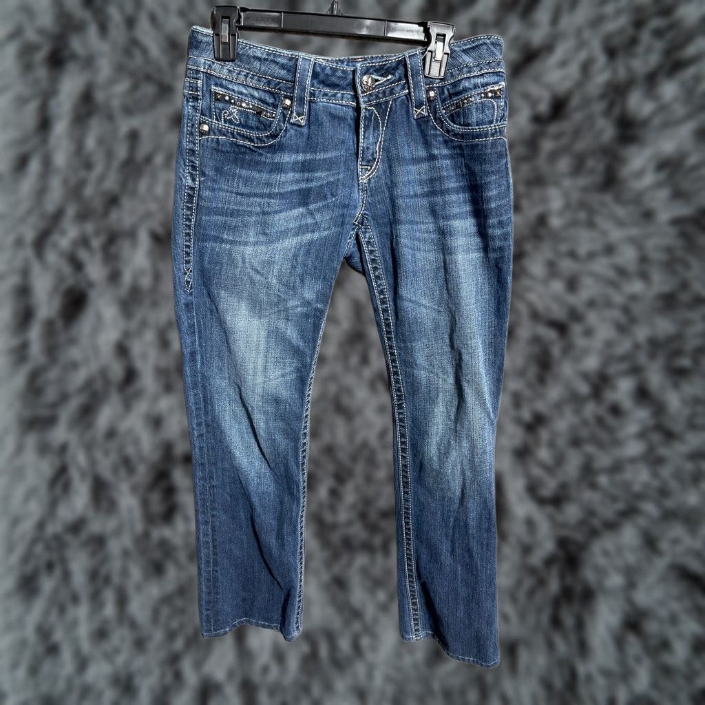 Vintage Rock Revival Jeans 29 Noelle Y2K Western Moto Americana Rockabilly Bootcut Denim 5-Pocket Womens Regular Size 29 Blue Solid Studded Button Zip Size 29" - 1 Thumbnail