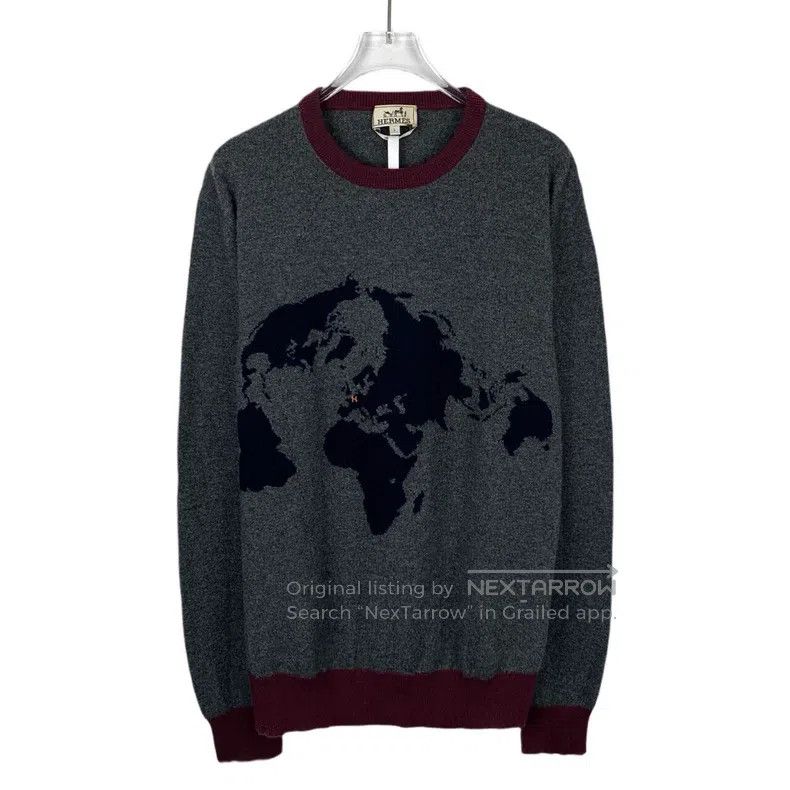 Hermes Hermes Gray earth pattern embroidery round-neck cashmere k Size L / US 10 / IT 46 - 1 Thumbnail