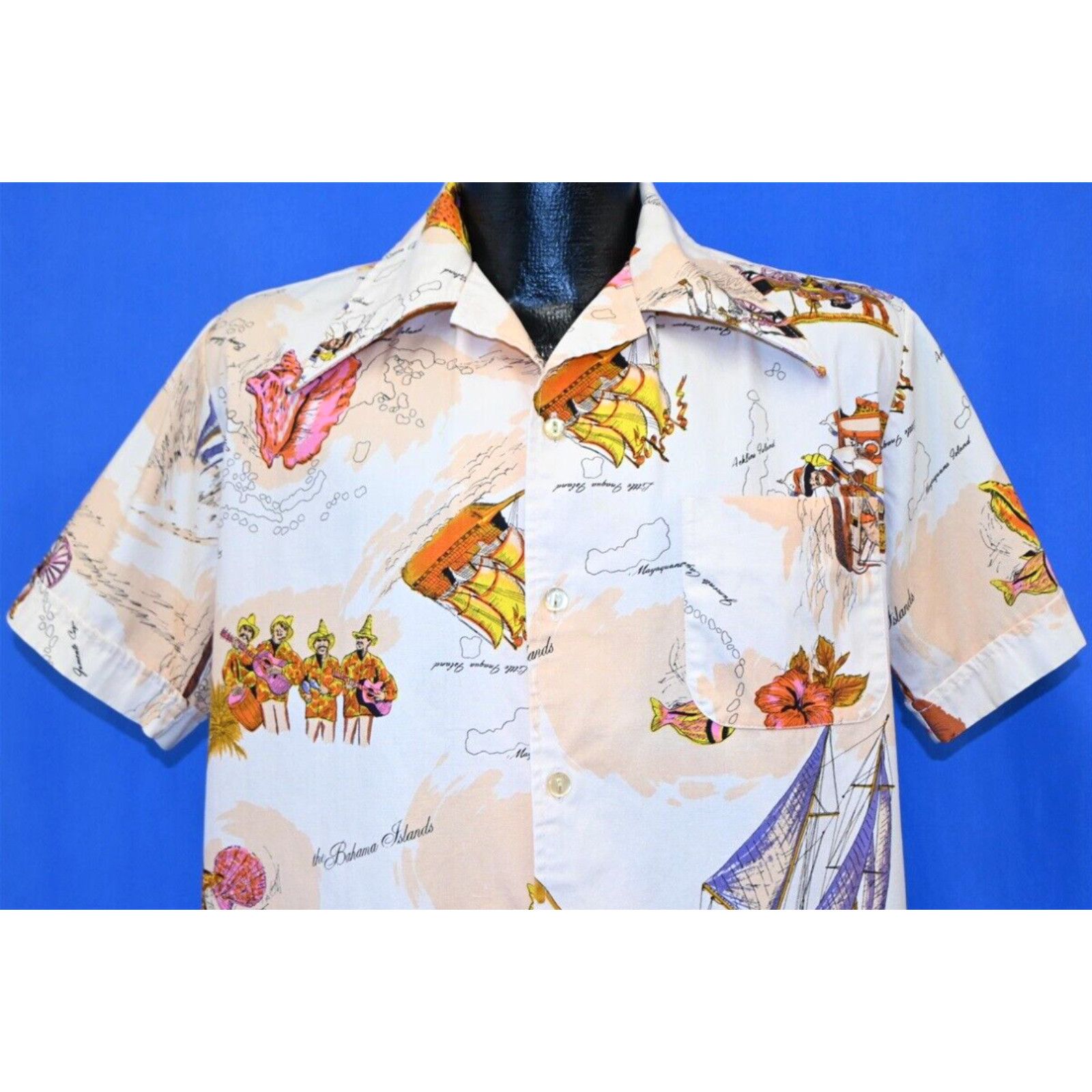 Image of Vintage 70's Bahamas Islands Big Collar Sea Shell Sailboat Map Aloha Shirt S in White (Size Small)