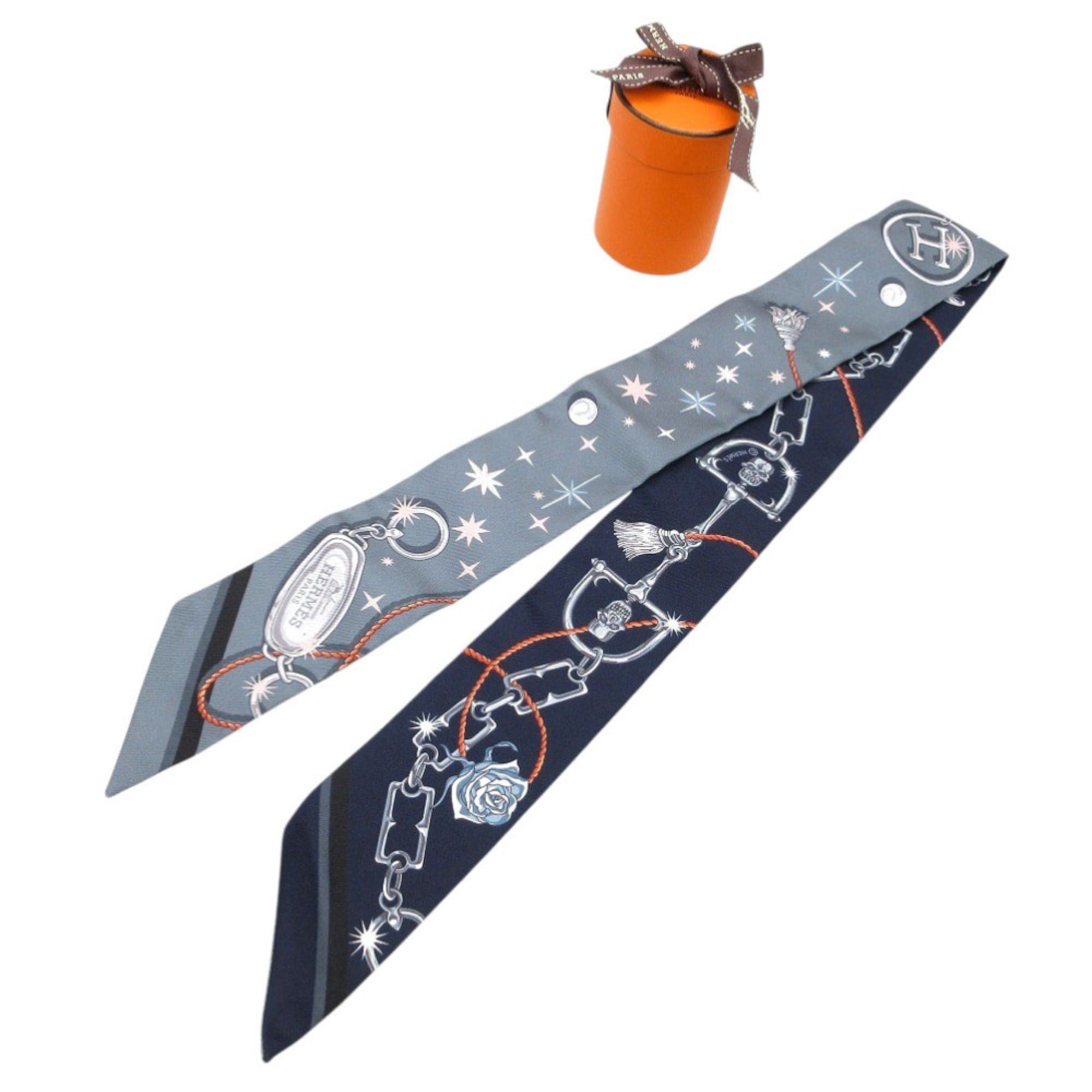 Hermes Like new Hermès Twilly Seraphet Scarf/Muffler, Silk, Gray and Navy, 0332HERMES Size ONE SIZE - 1 Thumbnail