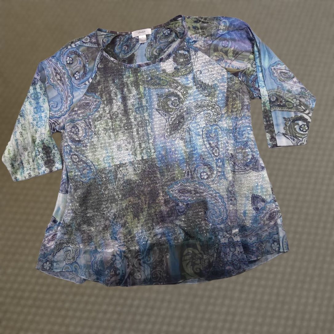 Vintage CJ Banks Shirt Womens 2X Plus Blue Paisley Embellished 3/4 Sleeve Sheer Tunic Shirt Size XXL / US 16-18 / IT 52-54 - 1 Thumbnail