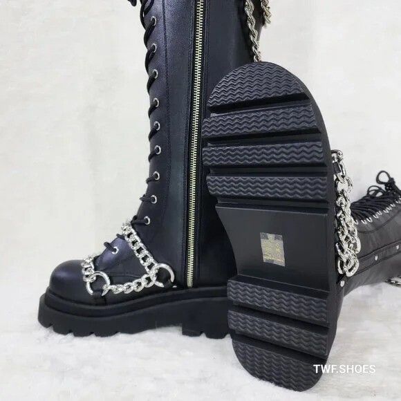 Demonia Cult DEMONIA Renegade Draped Chain Combat Knee High Boots Goth Pu Size US 10 / IT 40 - 3 Thumbnail
