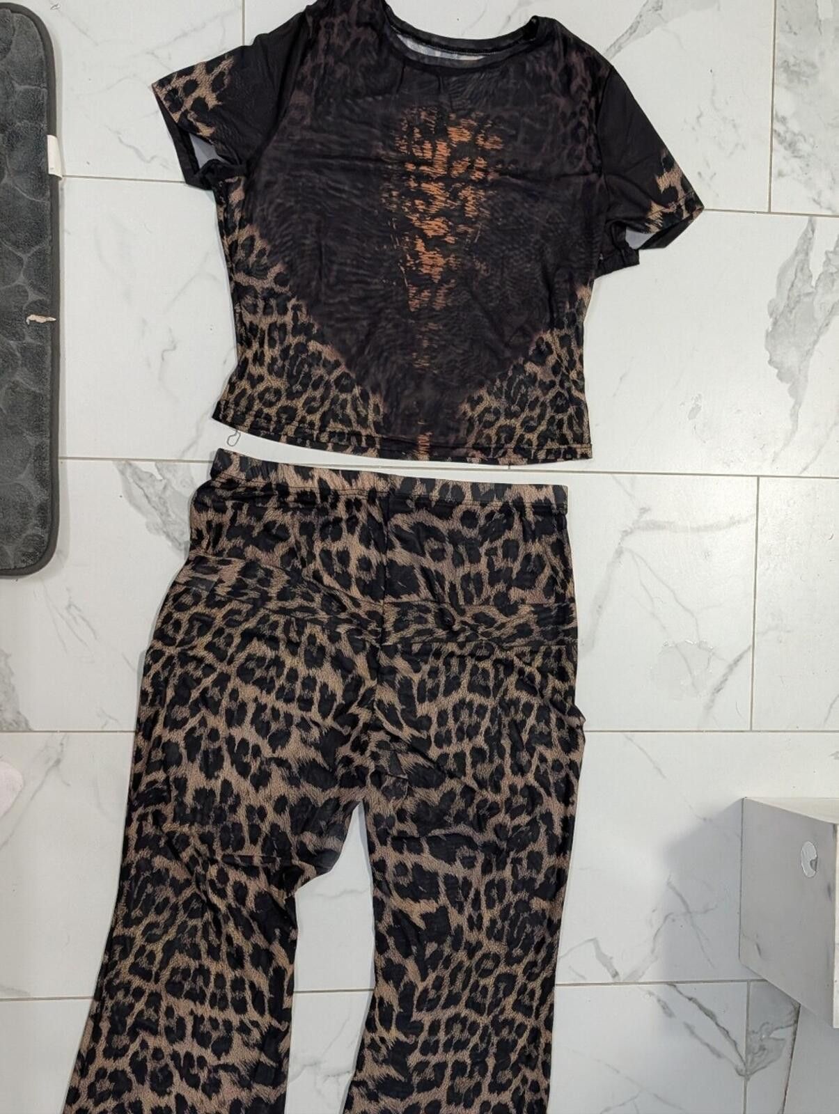 Other Leopard Print Two-Piece Top & Flare Pants Set - Brown Black Size ONE SIZE - 2 Thumbnail