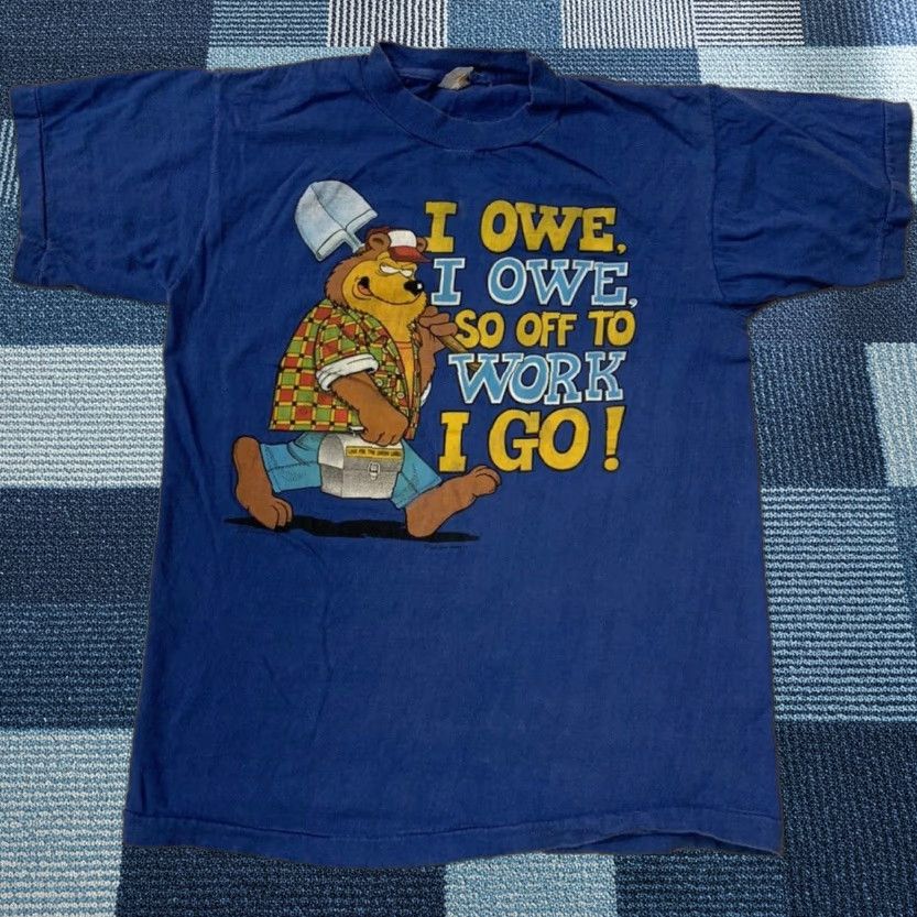 Vintage VINTAGE Unbranded Short Sleeve Graphic Tee Blue Adult Large Mens I Owe I Owe So Off To Work I Go Shirt Size US L / EU 52-54 / 3 - 1 Thumbnail