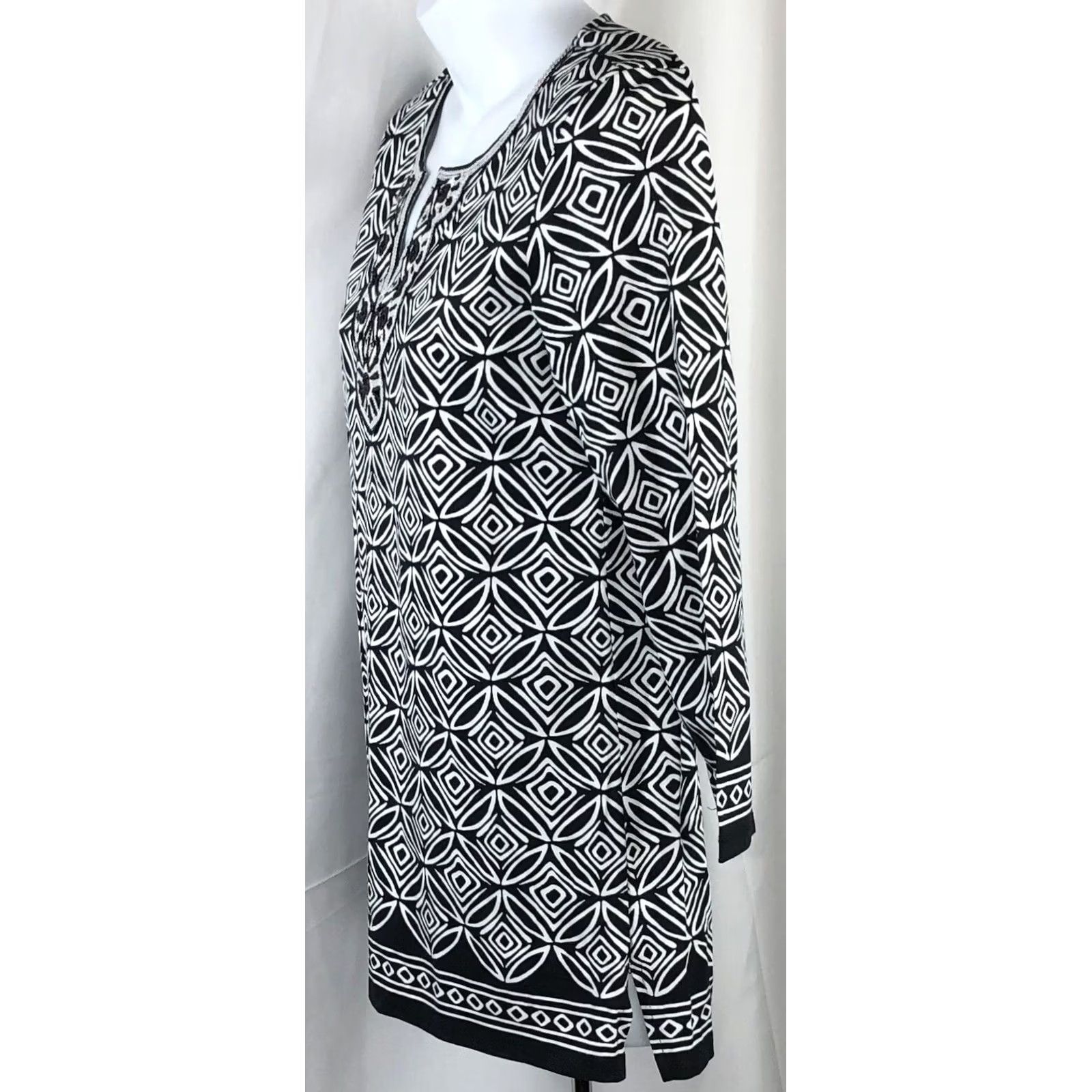 Charter Club Charter Club Geometric Geometric Kimono Tunic Top S Black White Abstract Art Beaded V-Neck Tribal Knit Shirt Womens S Size S / US 4 / IT 40 - 2 Thumbnail