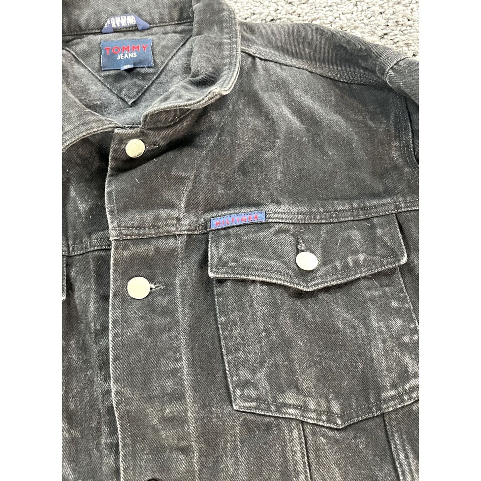 Tommy Hilfiger VINTAGE Tommy Hilfiger Jeans Denim Jacket Mens 2XL Black Denim Button 90s Biker Flag Classic Size US 39 - 5 Thumbnail