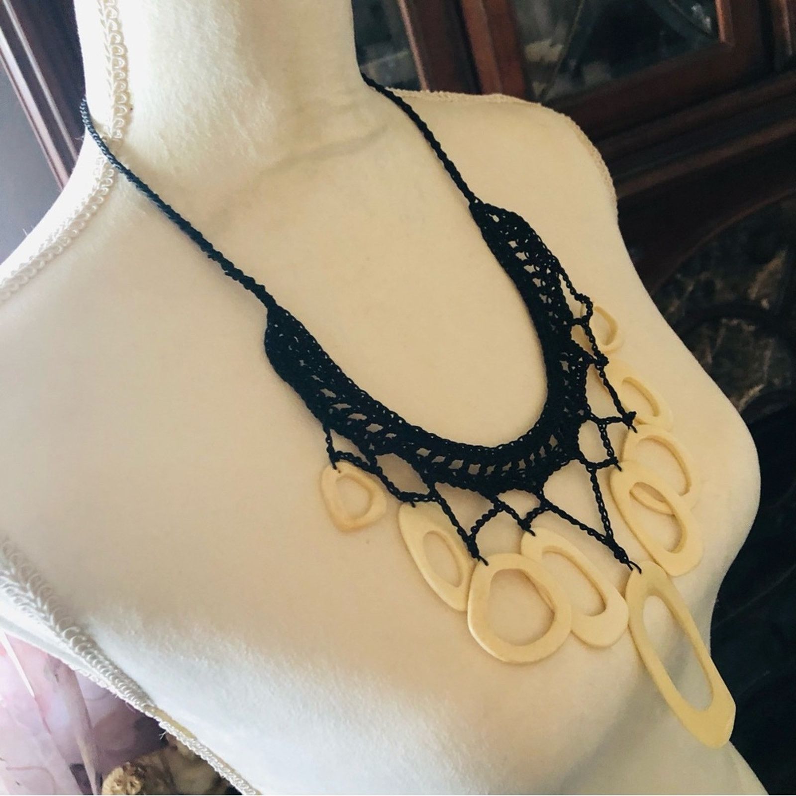 Handmade Handcrafted crochet simulated bone disc necklace Size ONE SIZE - 3 Thumbnail