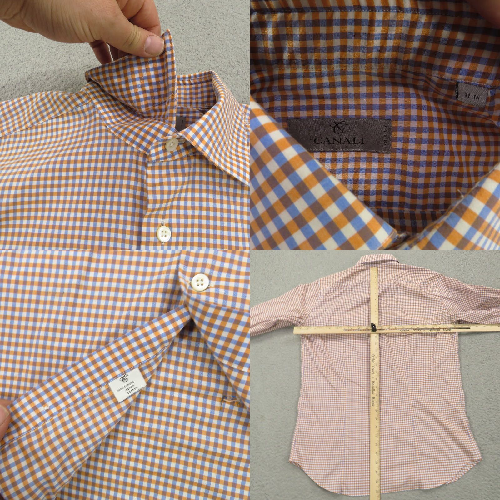 Canali Canali 1934 Shirt Men 16 Orange White Gingham Long Sleeve Button Up Plaid Size US L / EU 52-54 / 3 - 8 Thumbnail