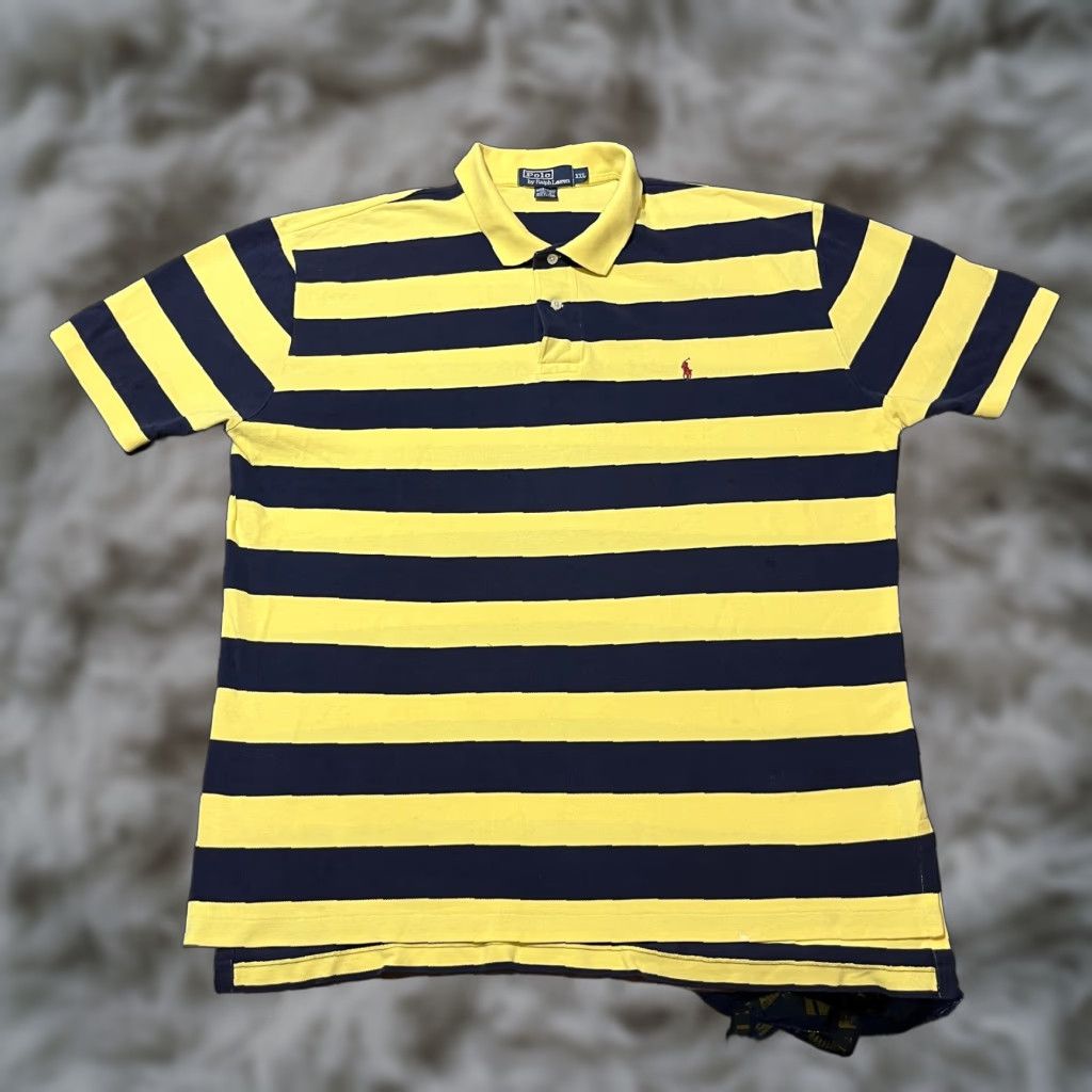 VINTAGE Polo Ralph Lauren Polo Shirt Mens 2XL Yellow Navy Stripe Rugby USA Made Multicolor Striped Short Sleeve Knit Shirt Mens 2XL