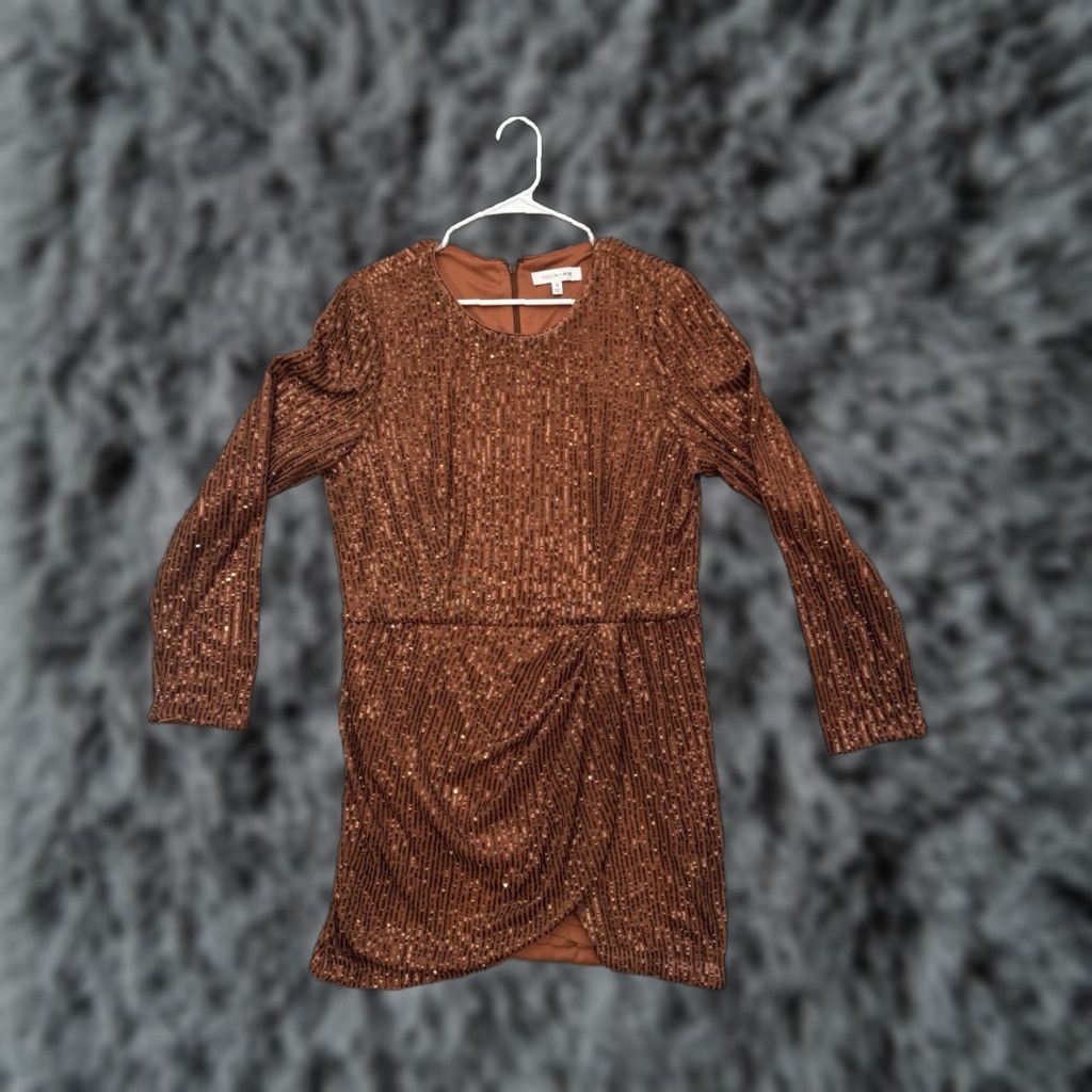 Vintage Toccin X RTR Faux Wrap Mini Dress 14 Cocktail Party Night Out Y2K Glam Sequin Short Brown Women's Dress Size XL / US 12-14 / IT 48-50 - 1 Thumbnail