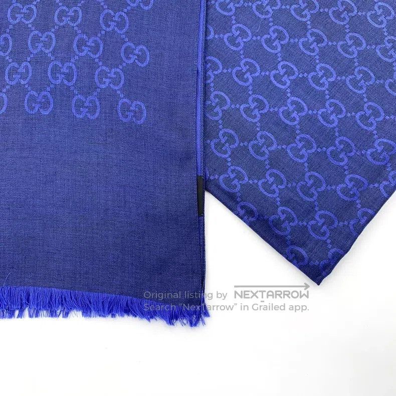 Gucci Gucci Dark blue logo jacquard printed wool tassel scarf Size ONE SIZE - 5 Thumbnail