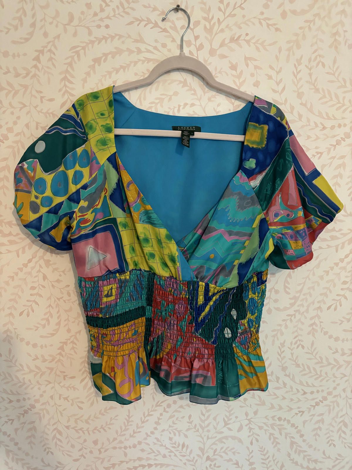 Lauren Ralph Lauren 100% Silk Vibrant Ralph Lauren Smocked Blouse - Size L Size L / US 10 / IT 46 - 1 Thumbnail