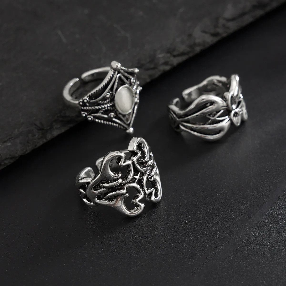 Vintage 3 Piece Set Hollow Pattern Ring Size ONE SIZE - 4 Thumbnail