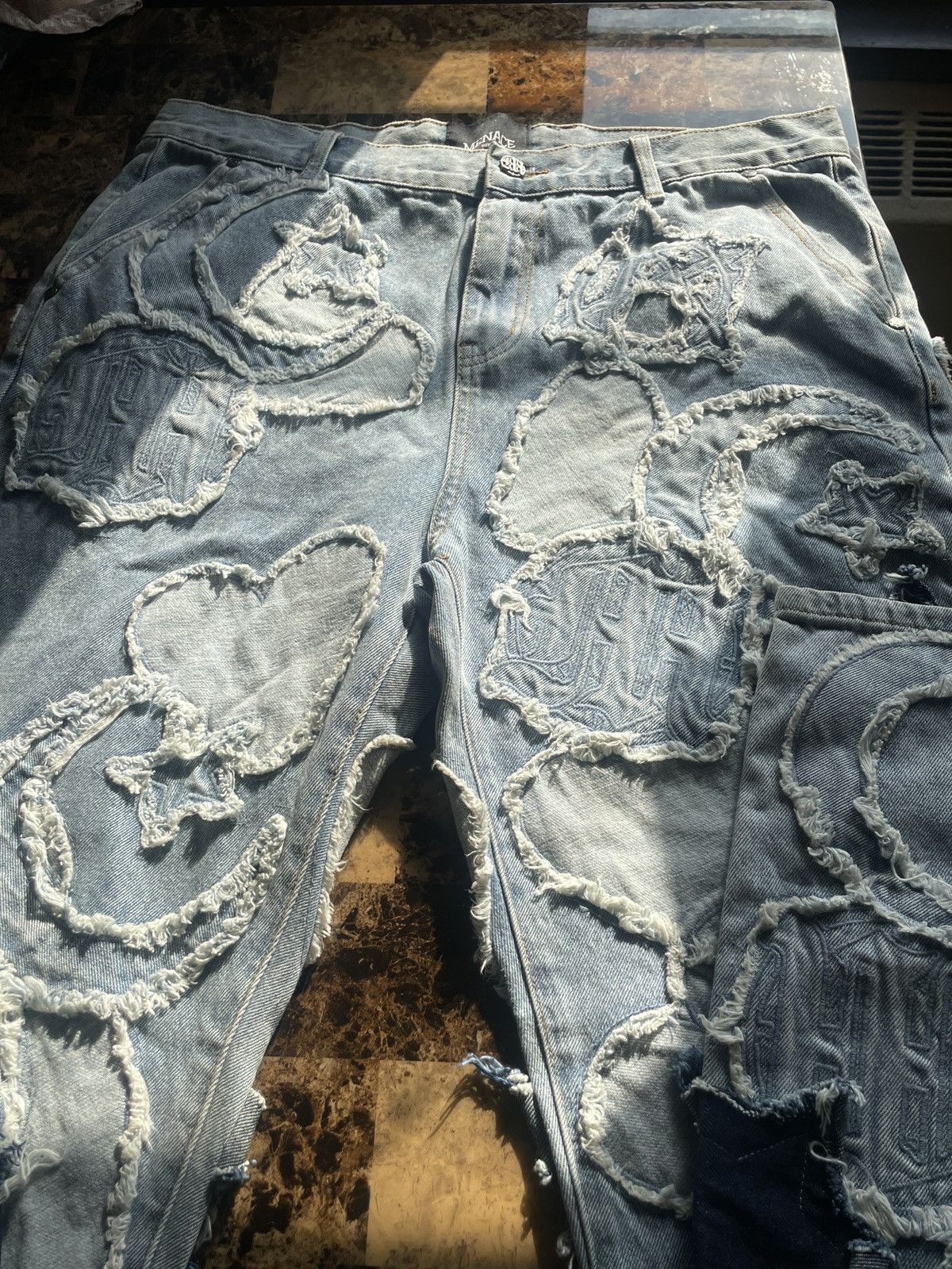 image of Menace Iconography Denim Patch Work Pants, Men's (Size 36)