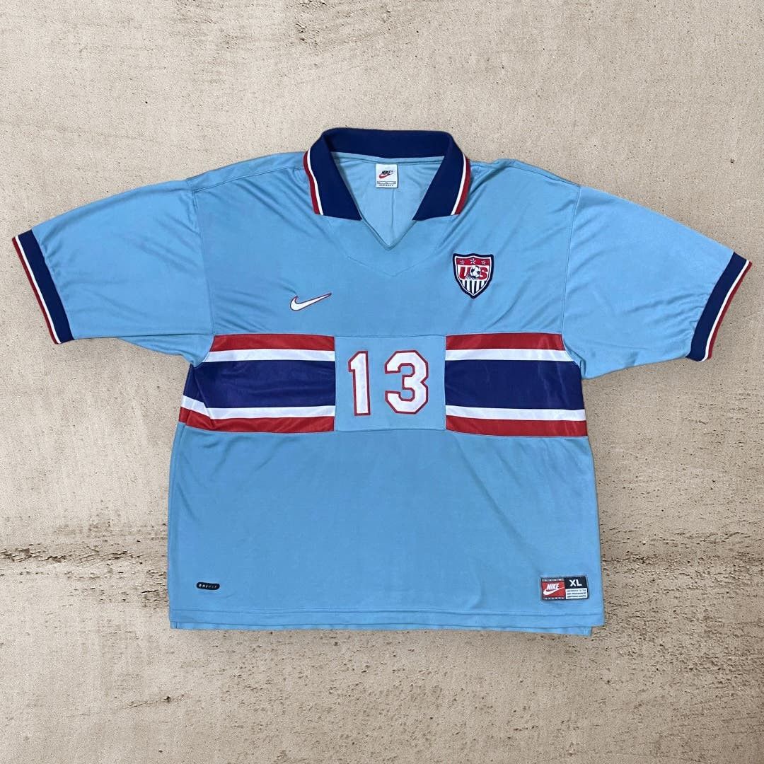image of Vintage Nike Usmnt National Soccer Usa Jersey 13 Cobi Jones in Blue, Men's (Size XL)