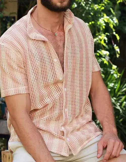 Striped Mesh See Through Summer Short Sleeve Button Camisas