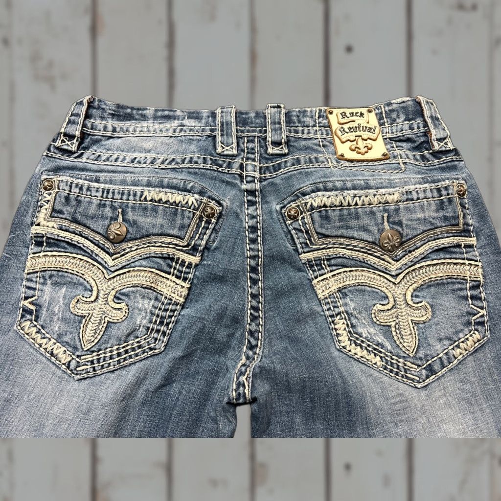 Vintage Rock Revival Jeans Mens 34x26 Jarrow Denim Boot Blue Thick Stitch Y2K Regular Rise 5-Pocket Mens Jeans Size US 34 / EU 50 - 1 Thumbnail