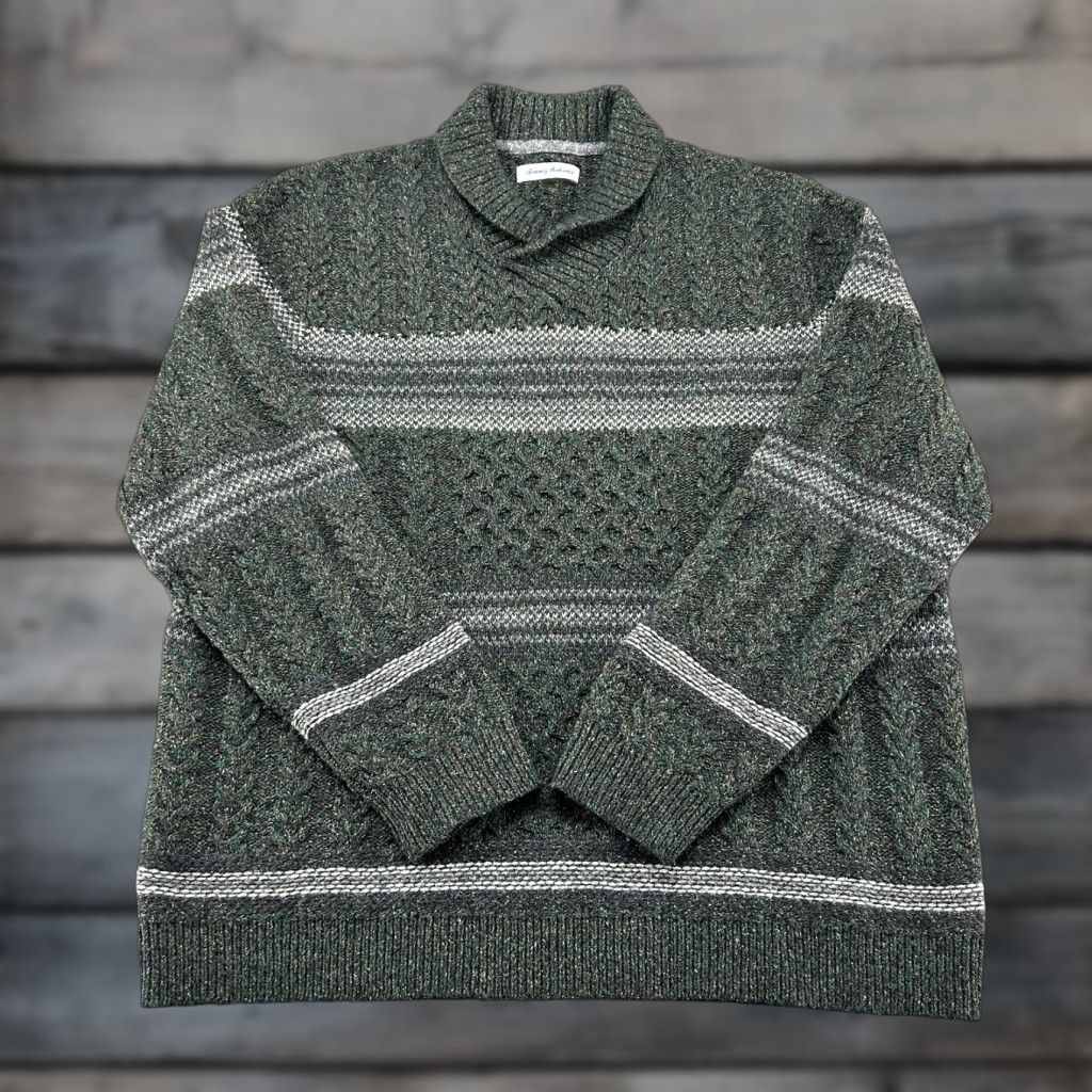Tommy Bahama Tommy Bahama Sweater Mens XL Green Grey Pullover Wool Knit Shawl Cable Knit 90s Athletic Mens Sweater Size US XL / EU 56 / 4 - 1 Thumbnail