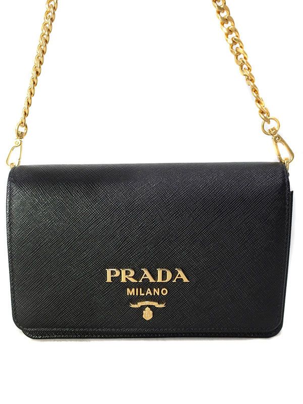 Prada Leather Chain Shoulder Wallet Black