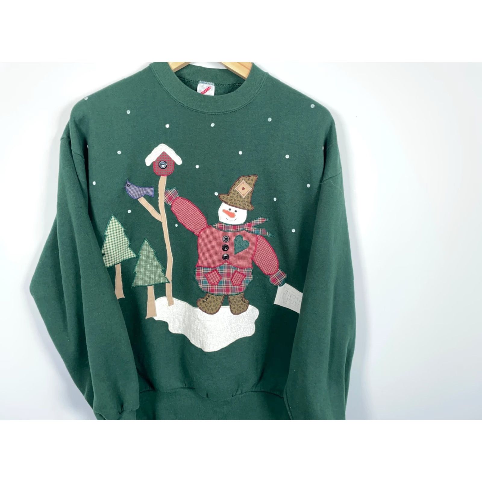 Jerzees VINTAGE Jerzees Sweatshirt 90s Snowman Applique Dark Green XL Adult Womens Pullover Crew Neck 50/50 Cotton Polyester Size XL / US 12-14 / IT 48-50 - 4 Thumbnail