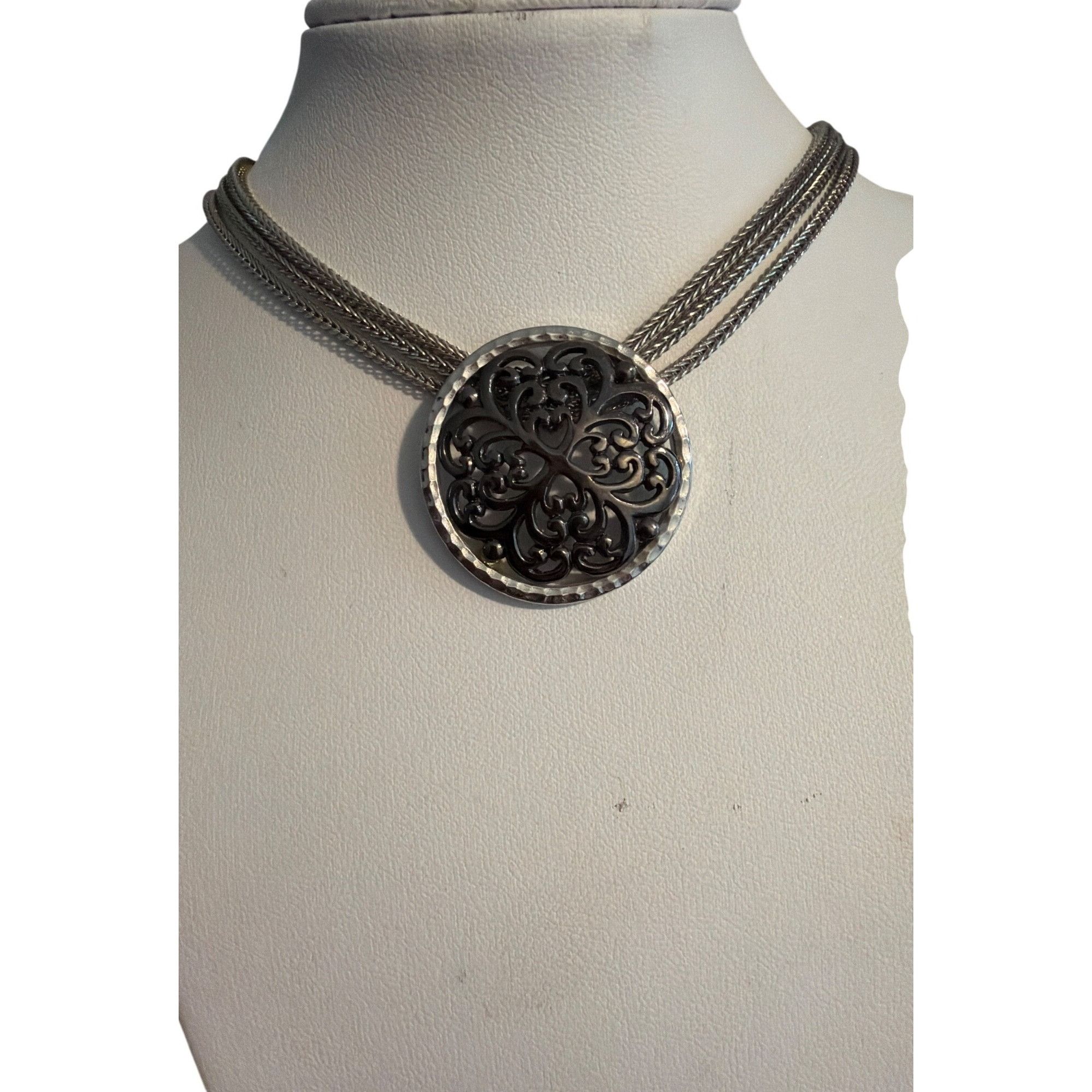 Other Silver Tone Black 3 Chain Pendant Necklace Collar Filigree S Size ONE SIZE - 1 Thumbnail