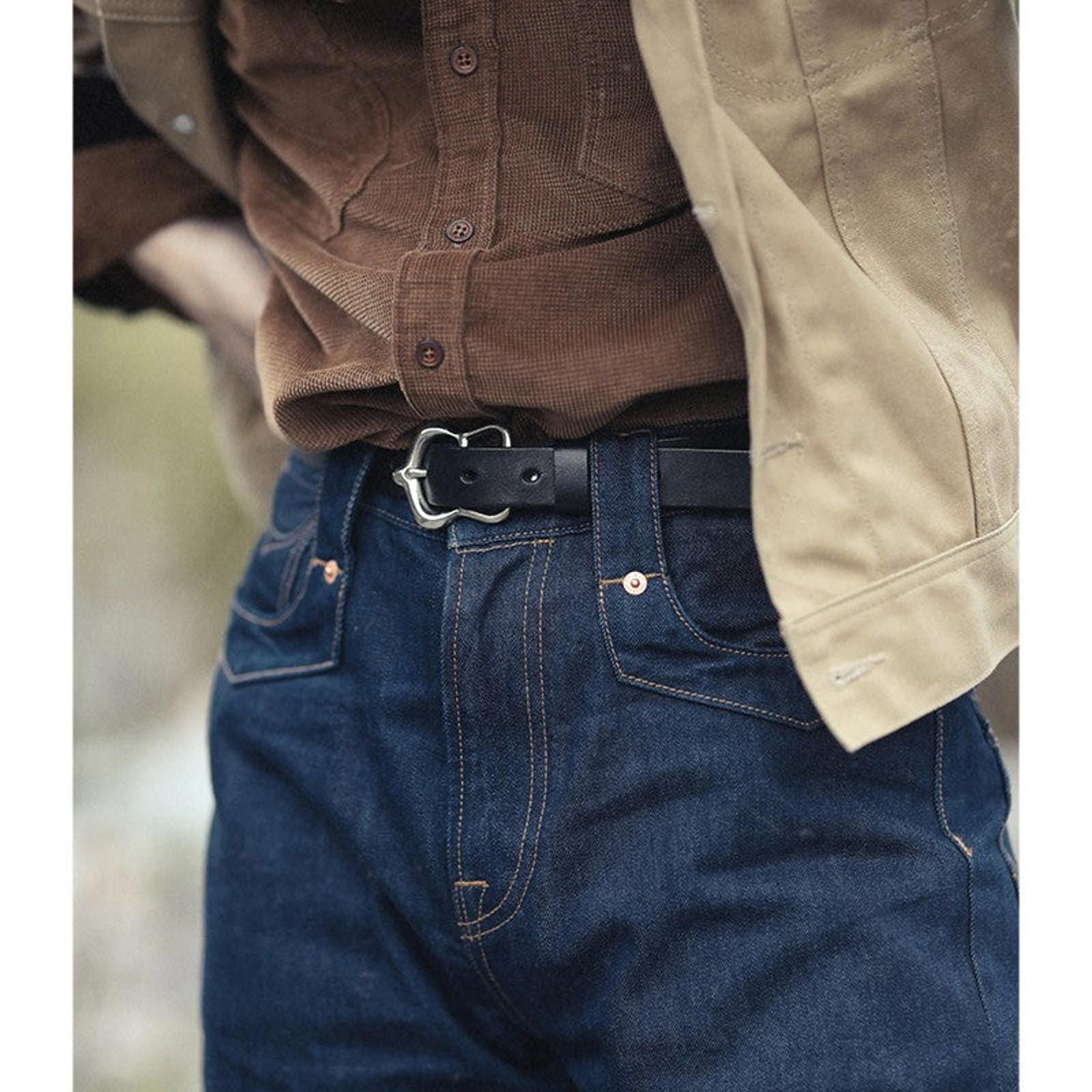 Japanese Brand Retro Leather Belt – Copper Buckle, Narrow Veg-Tan Size ONE SIZE - 3 Thumbnail