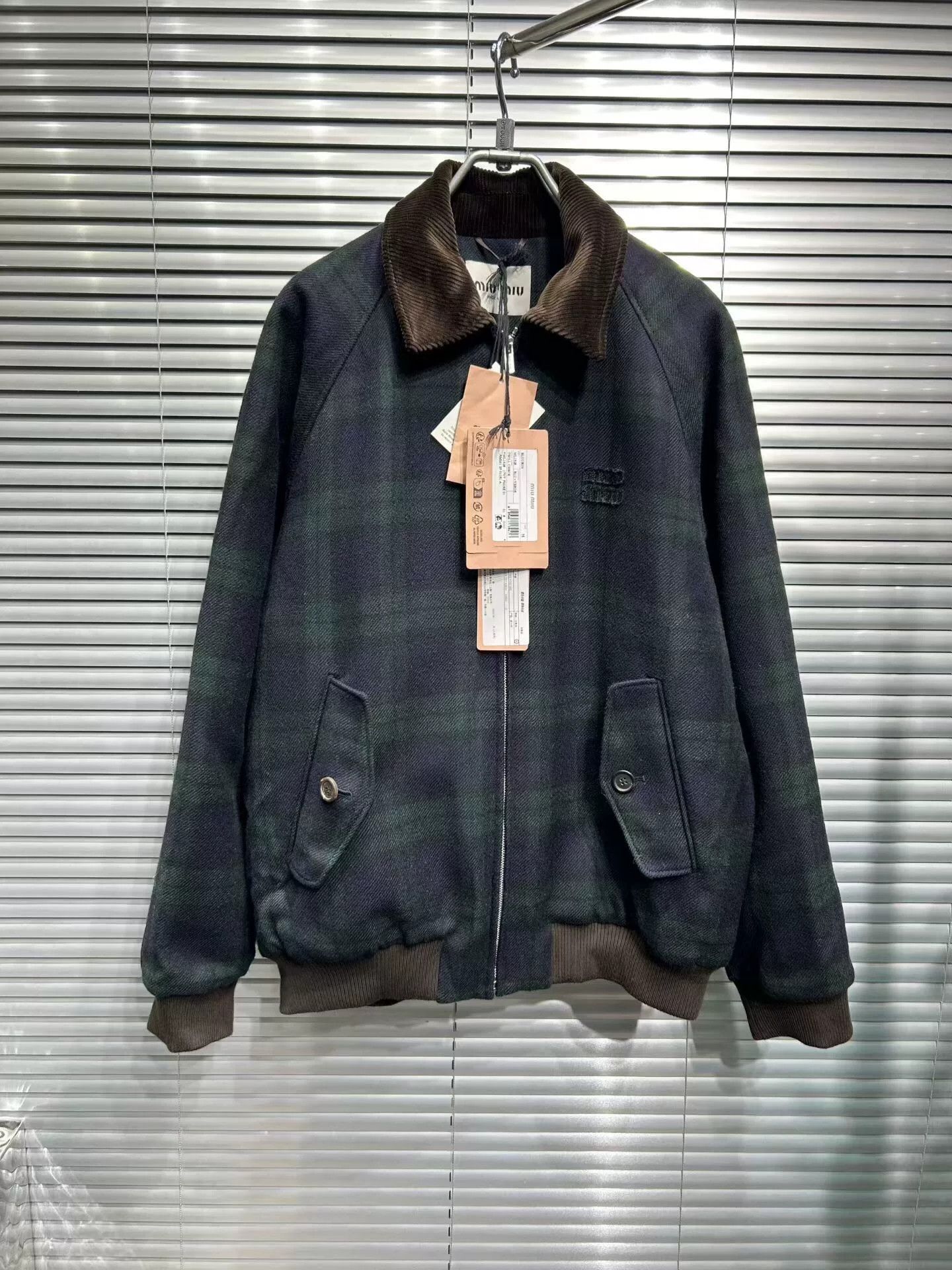 miumiu green plaid corduroy collar jacket