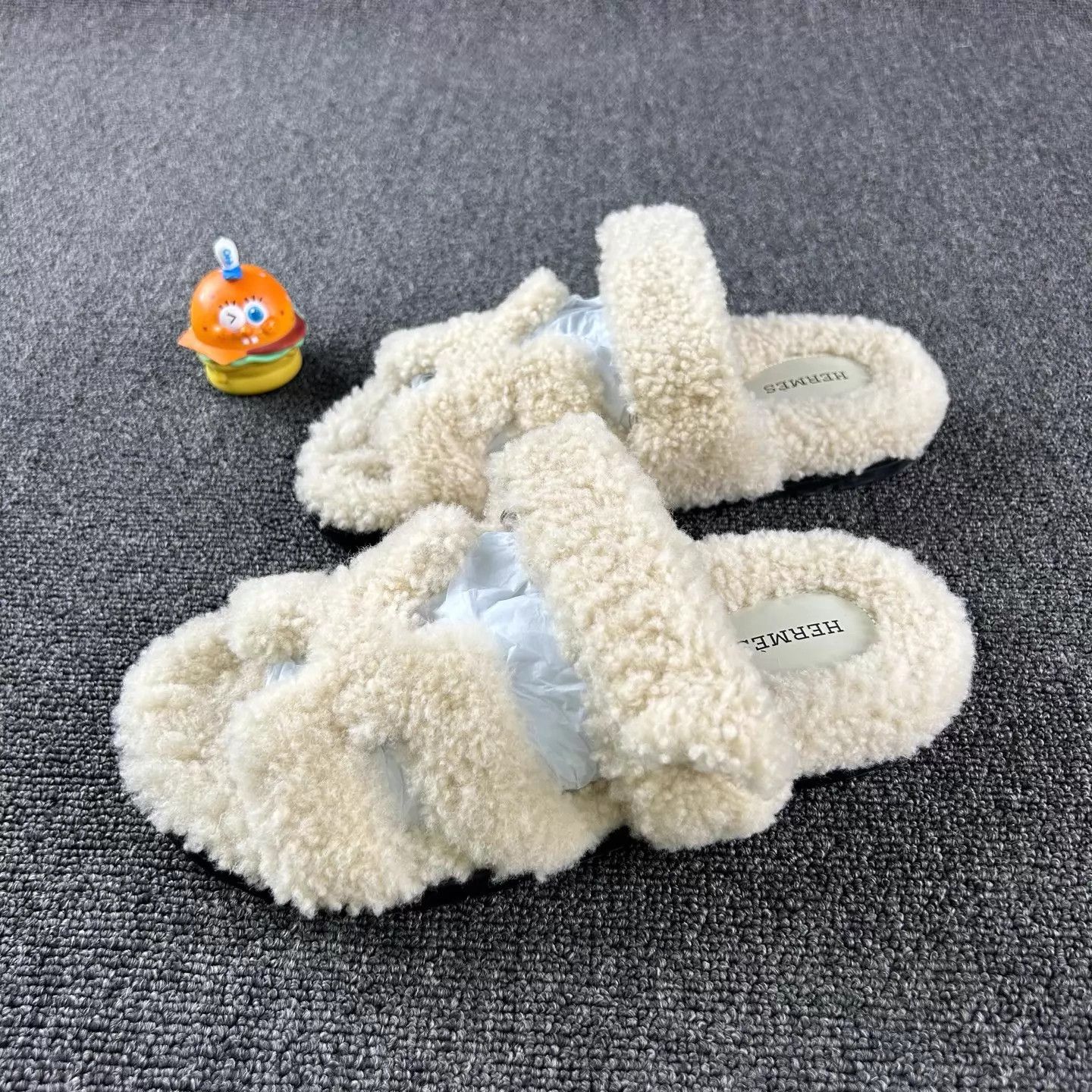 Hermes Lambskin Teddy Slippers White 38