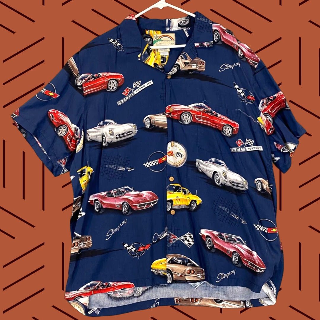 Paradise Paradise Found Shirt Mens XL Blue Chevrolet Stingray Chevy Car Automobile Button-Up-Short Sleeve-Geometry Pattern- Cars Classic Outdoor Mens Size US XL / EU 56 / 4 - 1 Thumbnail
