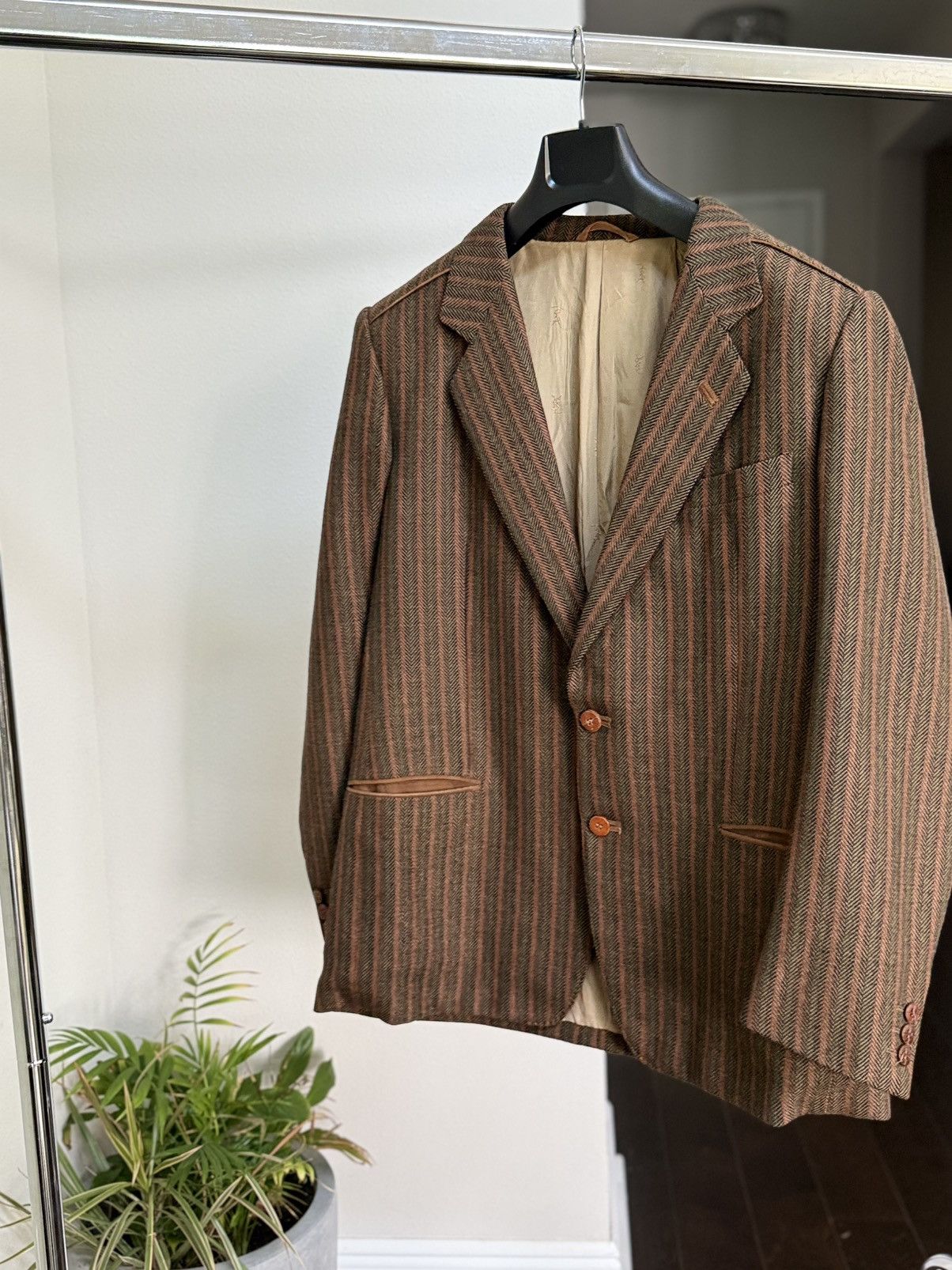 Yves Saint Laurent Vintage YSL Blazer Brown Herringbone Wool Leather Buttons IT Size 44S - 3 Thumbnail