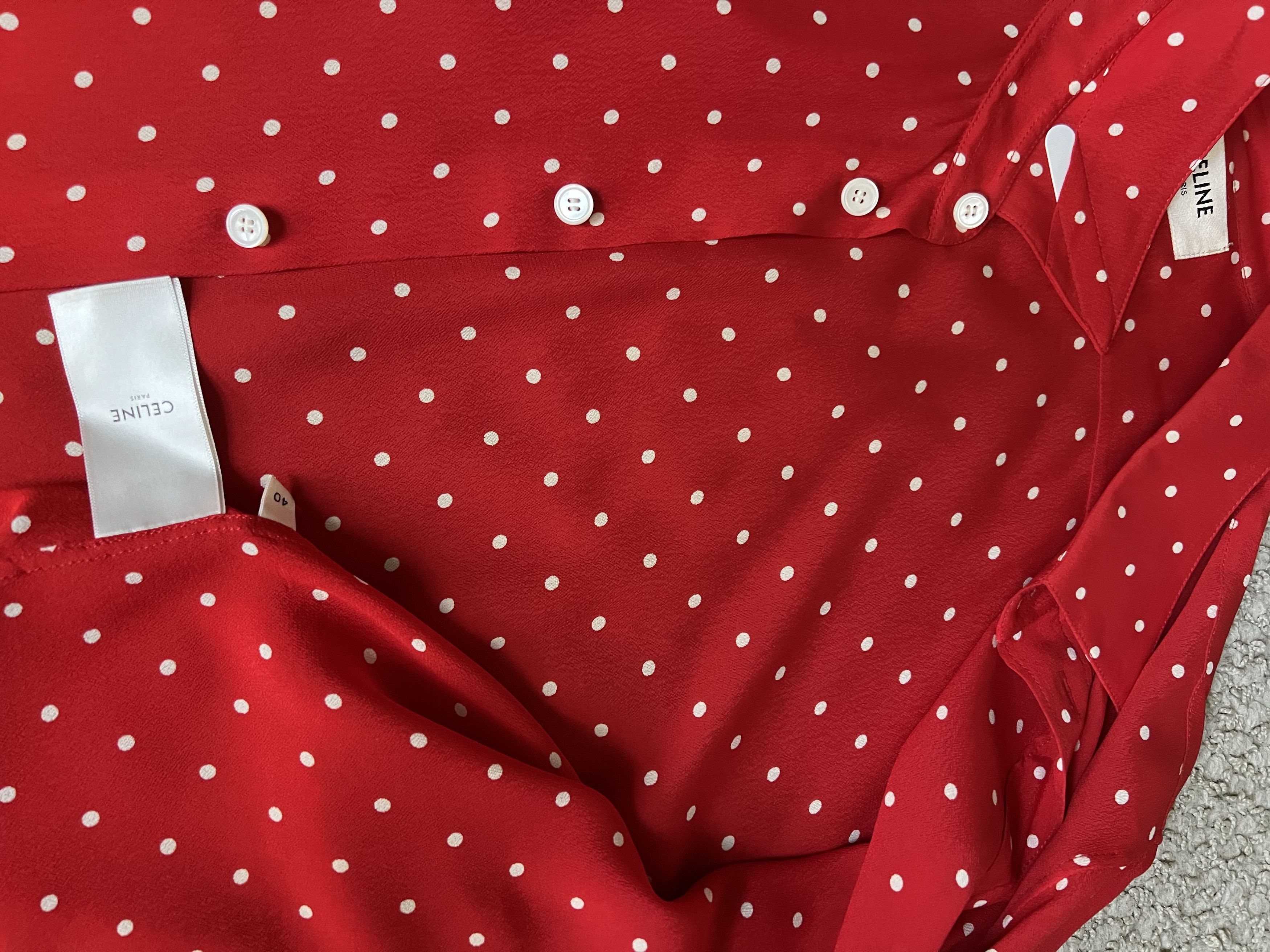 Celine × Hedi Slimane Celine Red Silk White Polka Dot Shirt Size M / US 6-8 / IT 42-44 - 4 Thumbnail