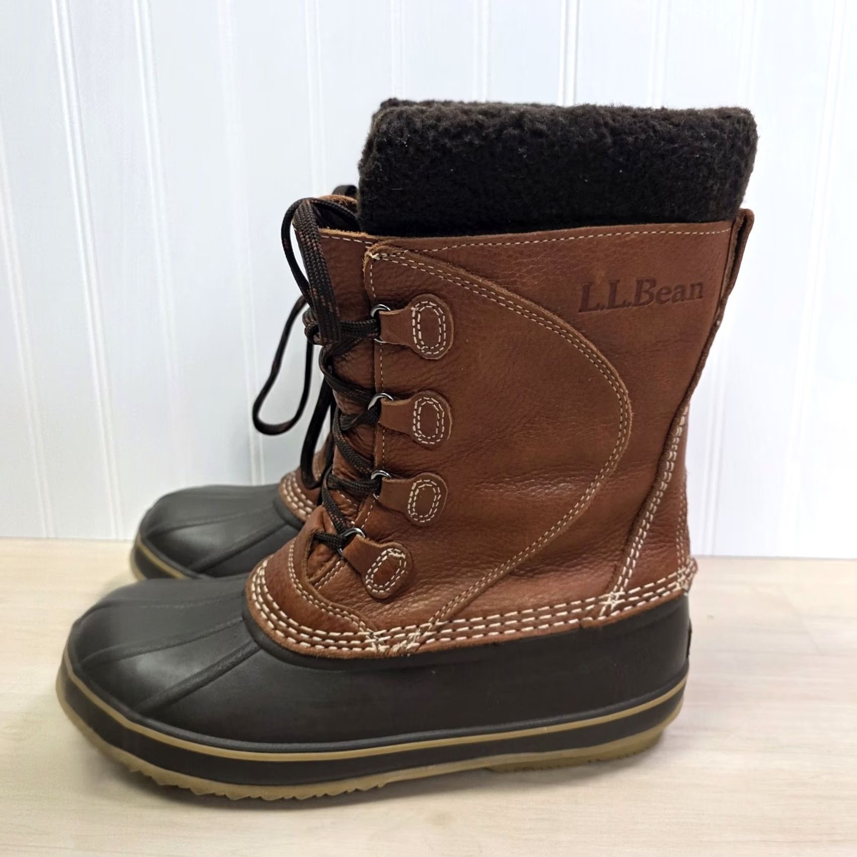 Vintage L.L. Bean Original Tumbled Leather Removable Felt Liner Tall Duck Boots Womens 9 Brown Leather Water Resistant Insulated Lined Lace Up Boots Womens 9 Size US 9 / IT 39 - 5 Thumbnail