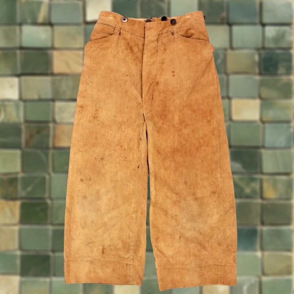 Vintage 1900s Boy's Pants VTG Corduroy 25x18.5 Edwardian Antique Tan Cotton Corduroy Button Fly Size US 26 / EU 42 - 1 Thumbnail