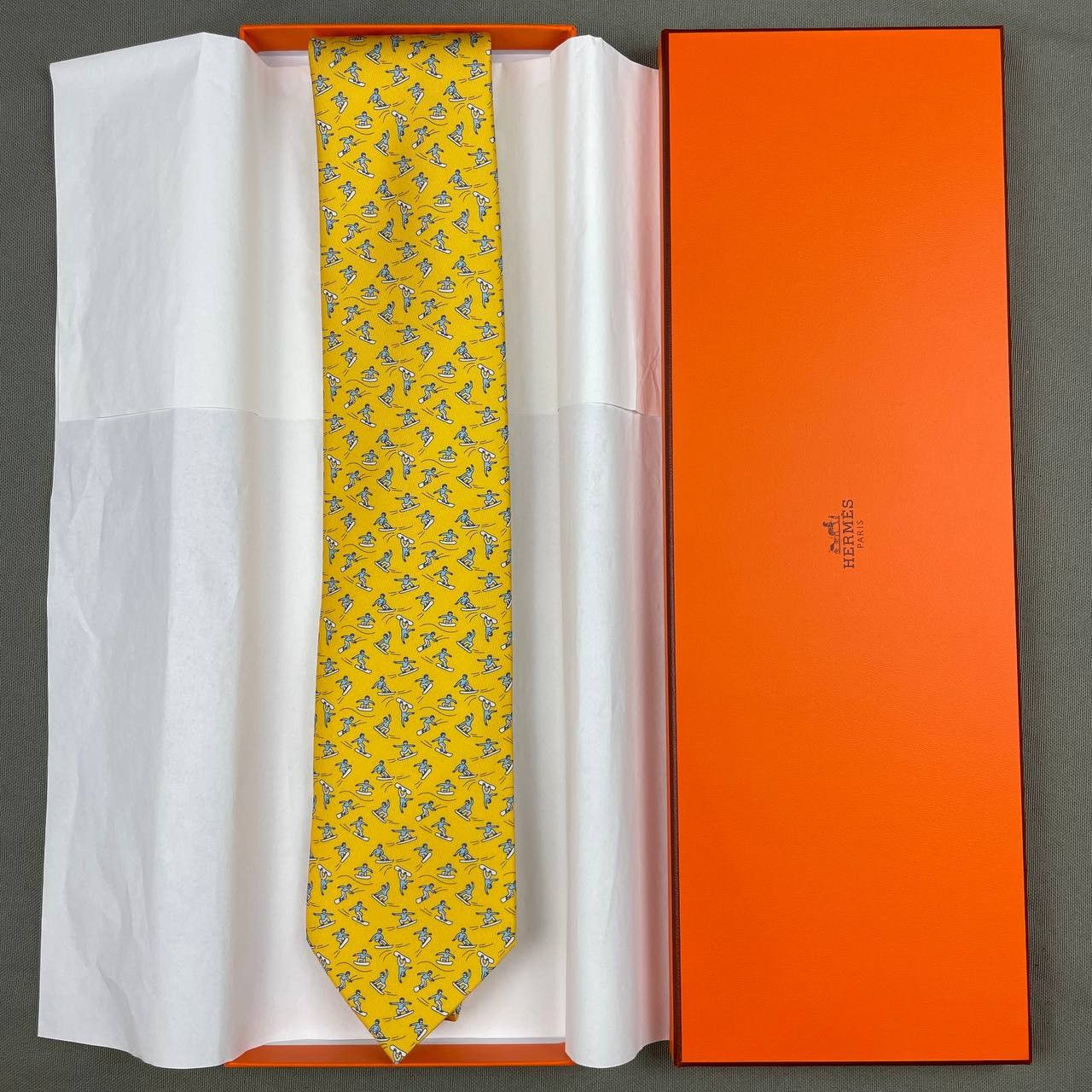image of Hermes Paris Silk Tie 606119 Fa Snowboarding in Yellow, Men's