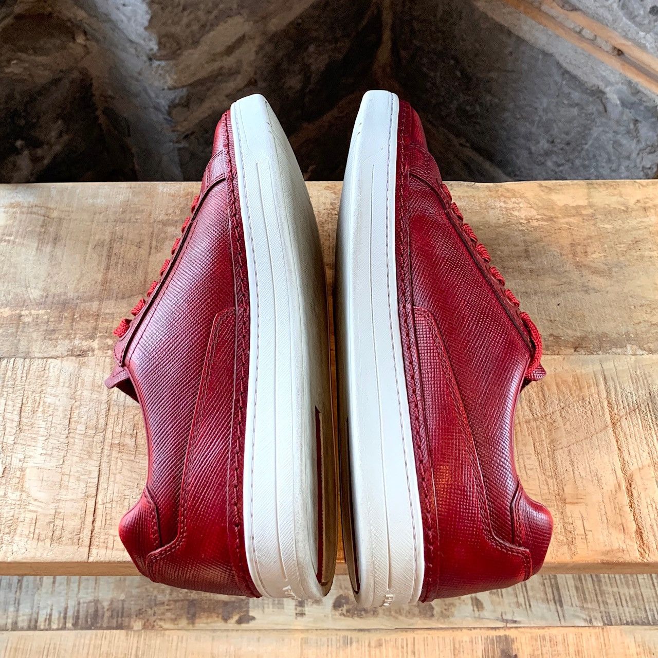 Prada Prada Saffiano Red Leather Low-Top Sneakers Size US 7 / EU 40 - 6 Thumbnail