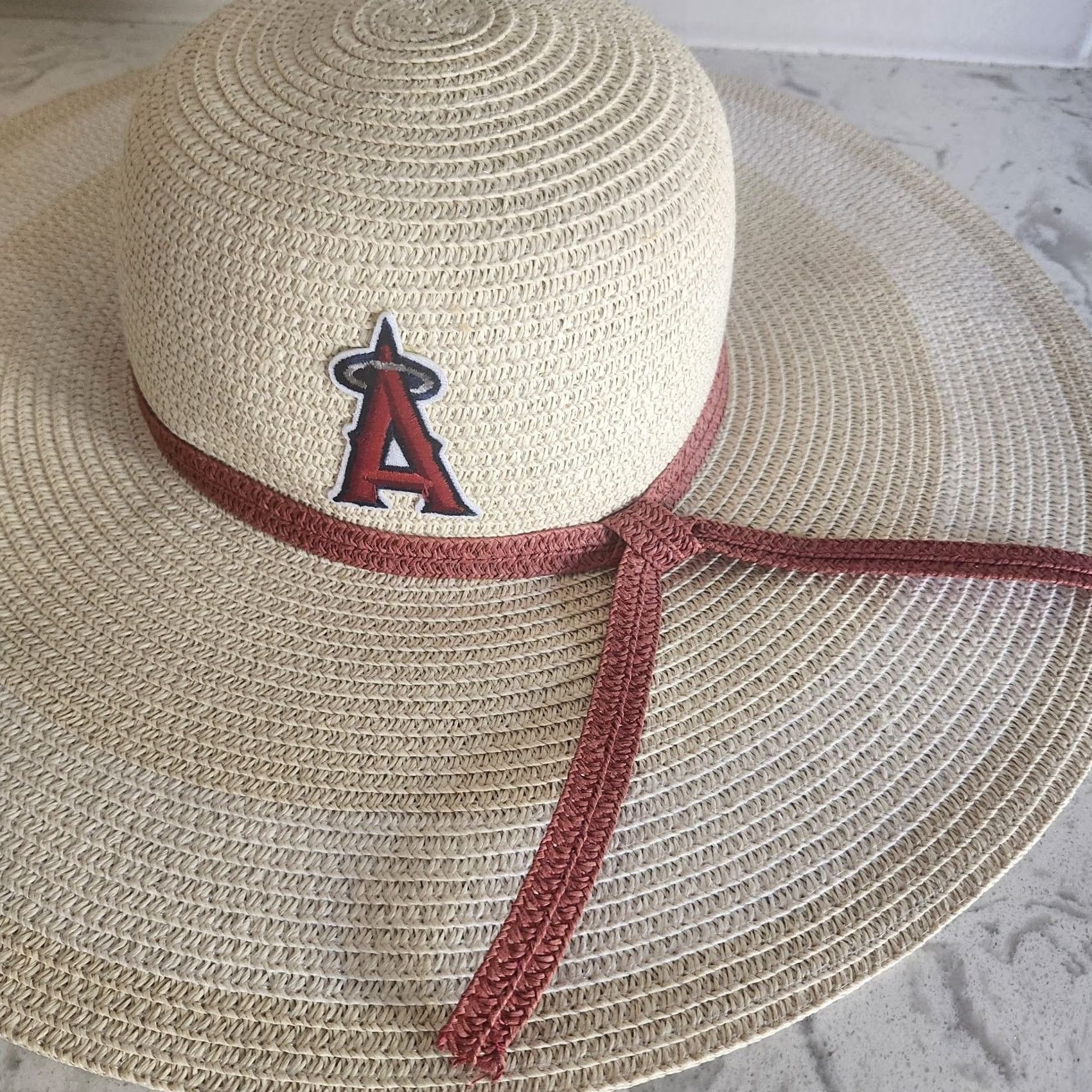 MLB Timeless Skin Care MLB LA Anaheim Angels Ladies Beige Straw Wide Brim Sun Hat Boho Baseball Logo Red Band Size ONE SIZE - 4 Thumbnail