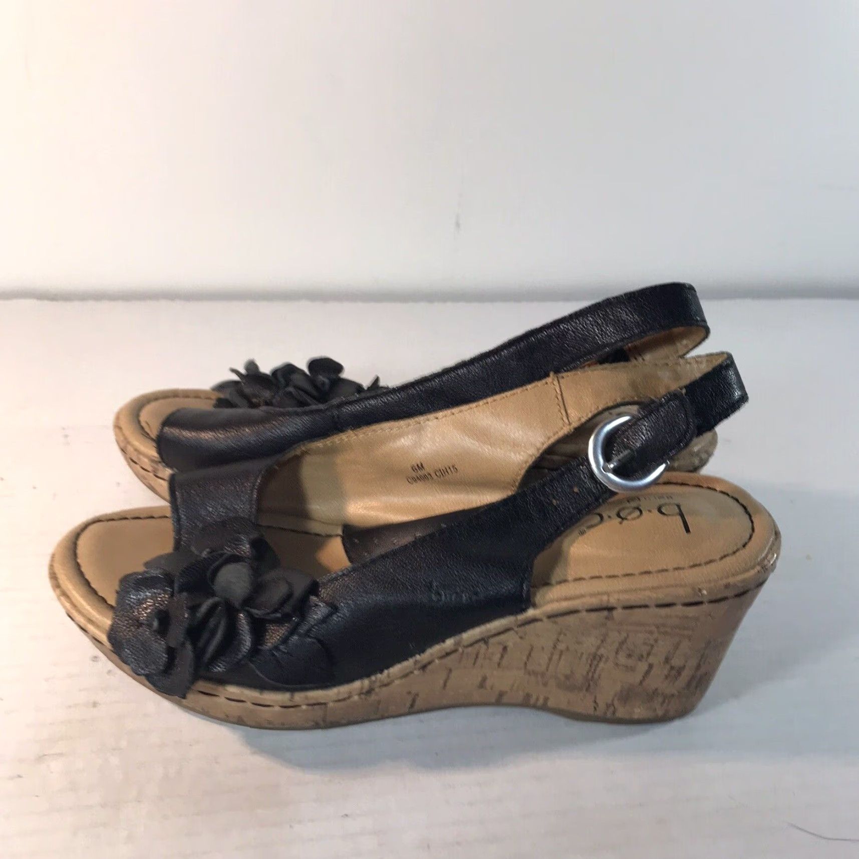 Born Born Concept Black Leather Floral Wedge Slingback Shoes Women’s Size 6M Summer Casual Heel Size US 6 / IT 36 - 2 Thumbnail