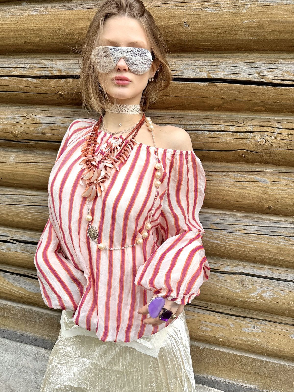 Vintage Vintage Silk pink striped off the shoulder blouse Size S / US 4 / IT 40 - 2 Thumbnail