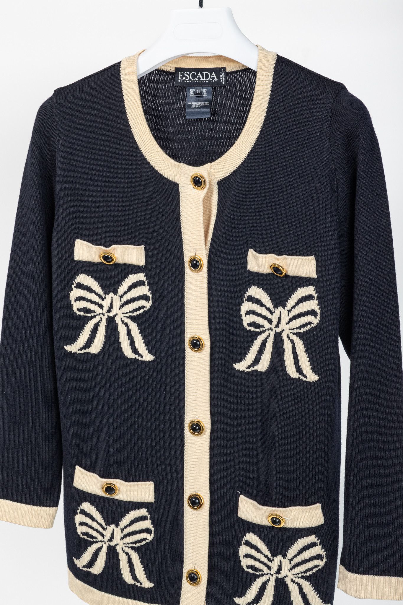 Escada Escada by Margaretha Ley Navy Wool-Knit Bow Button Cardigan Size S / US 4 / IT 40 - 3 Thumbnail