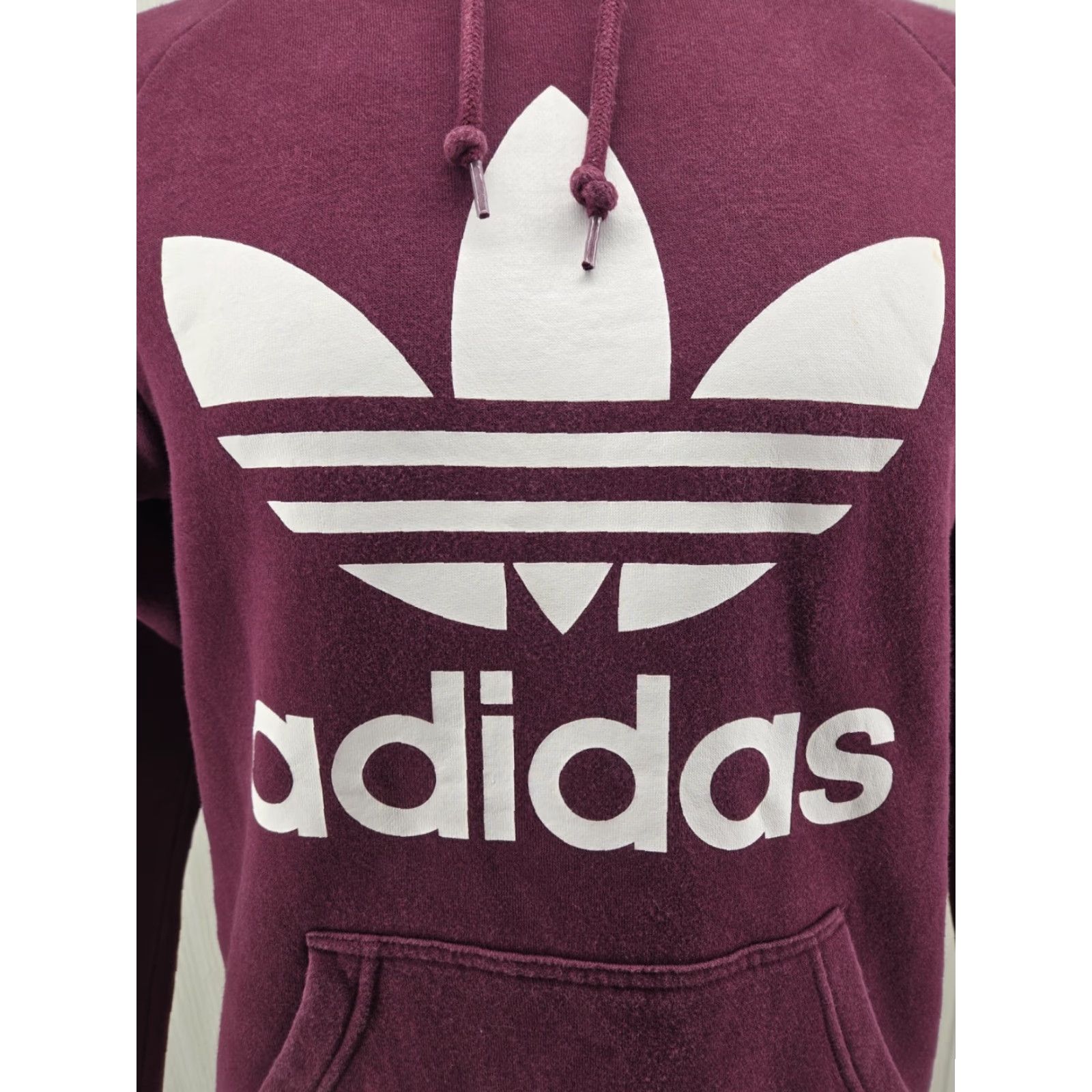 Adidas Adidas Trefoil Spellout Hooded Pullover Jacket Hoodie Sweatshirt Small Mens Burgundy 100% Cotton Athletic Casual Autumn Winter Spring Size US S / EU 44-46 / 1 - 3 Thumbnail