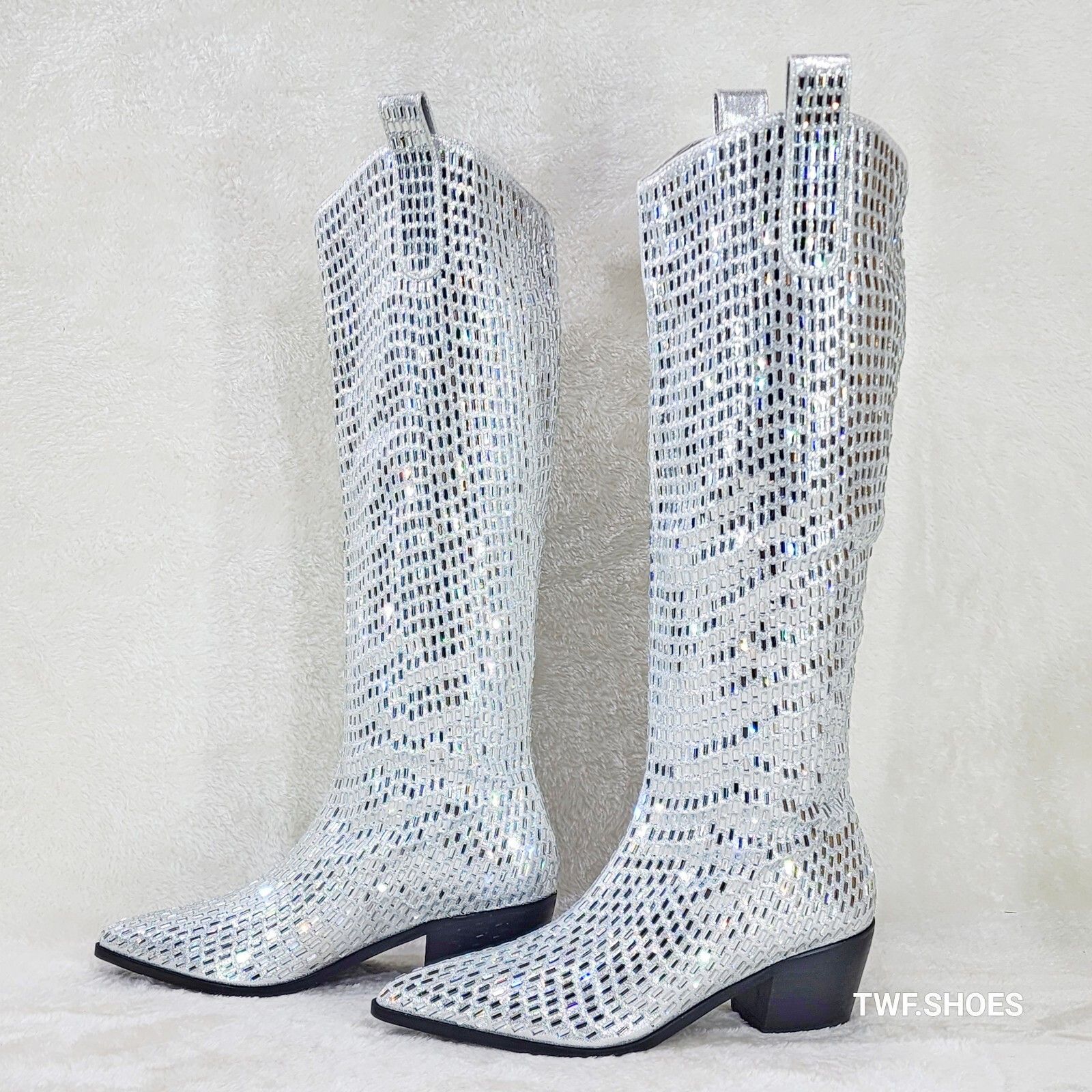 Shattered Silver Rhinestone Western Cowgirl Knee Boots NEW (