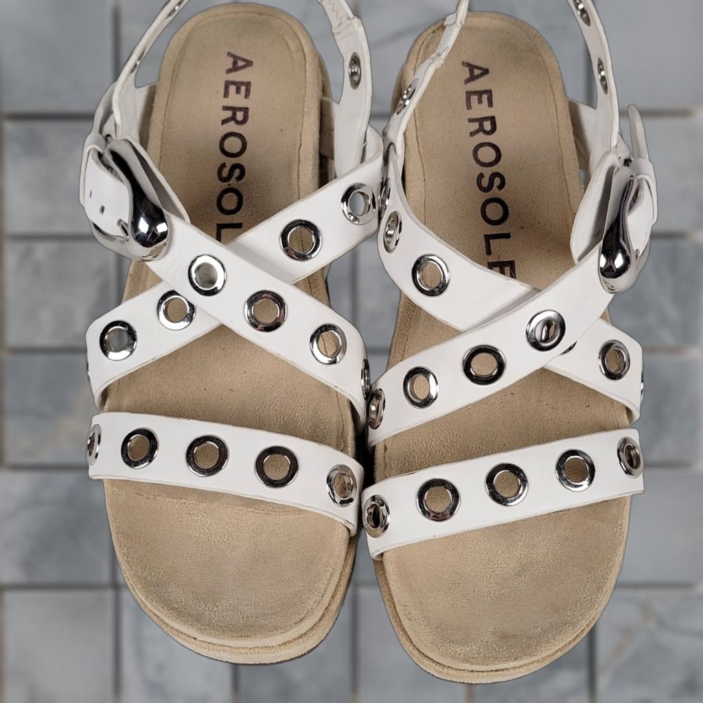 Vintage Aerosoles Sandal Women's White/Metal Ring Accents Cleveland Heeled Buckle 8.5 Strappy Leather Casual Women's Size 8.5 Size US 9 / IT 39 - 1 Thumbnail