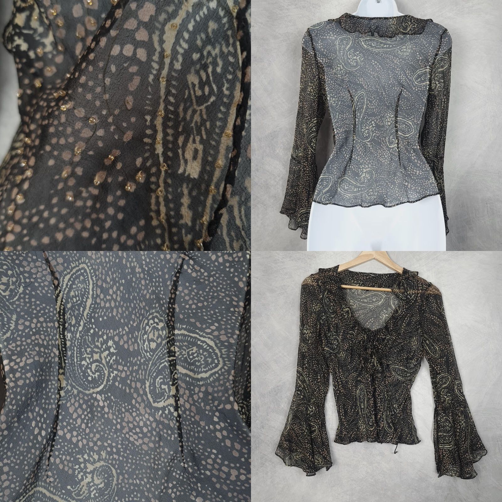 Bell VINTAGE Y2K Whimsy Fairy Top Womens Small Black Beaded Ruffle Bell Sleeve Blouse Size S / US 4 / IT 40 - 8 Thumbnail