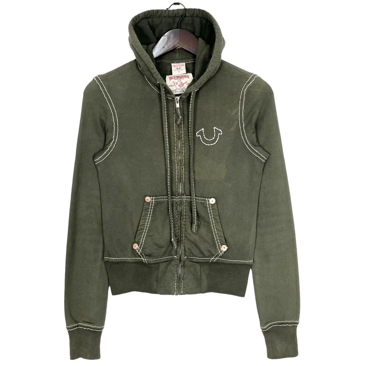 image of True Religion Basting Stitching Zipper Hoodie Light Jacket in Green, Women's (Size Small)